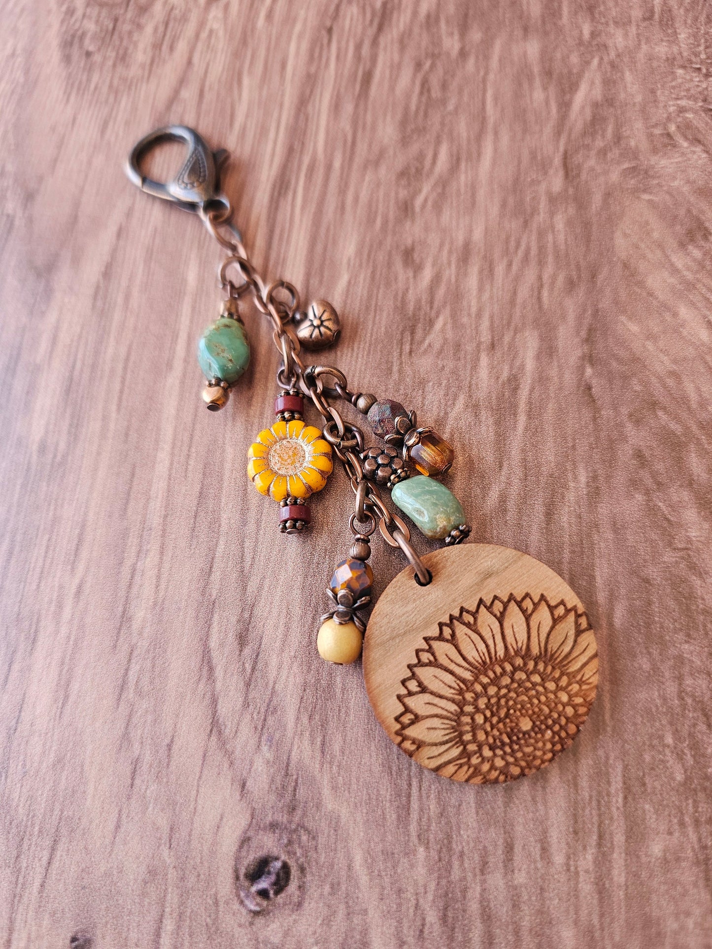 Boho Style Beaded Bag Charm Zipper Pull With Sunflower Theme