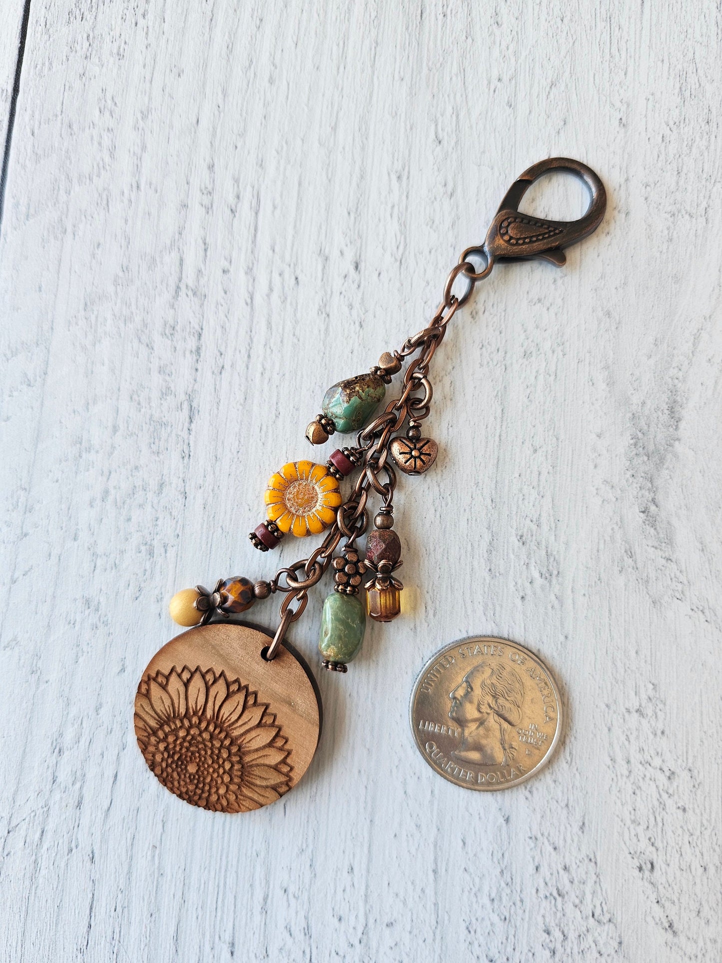 Boho Style Beaded Bag Charm Zipper Pull With Sunflower Theme