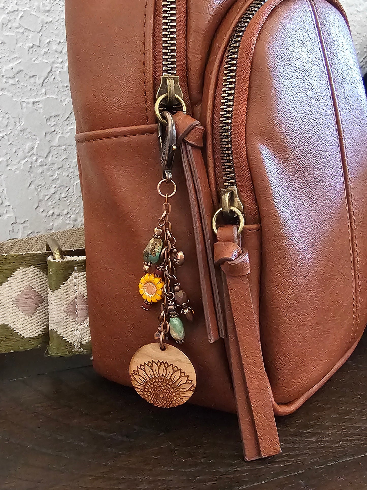 Boho Style Beaded Bag Charm Zipper Pull With Sunflower Theme