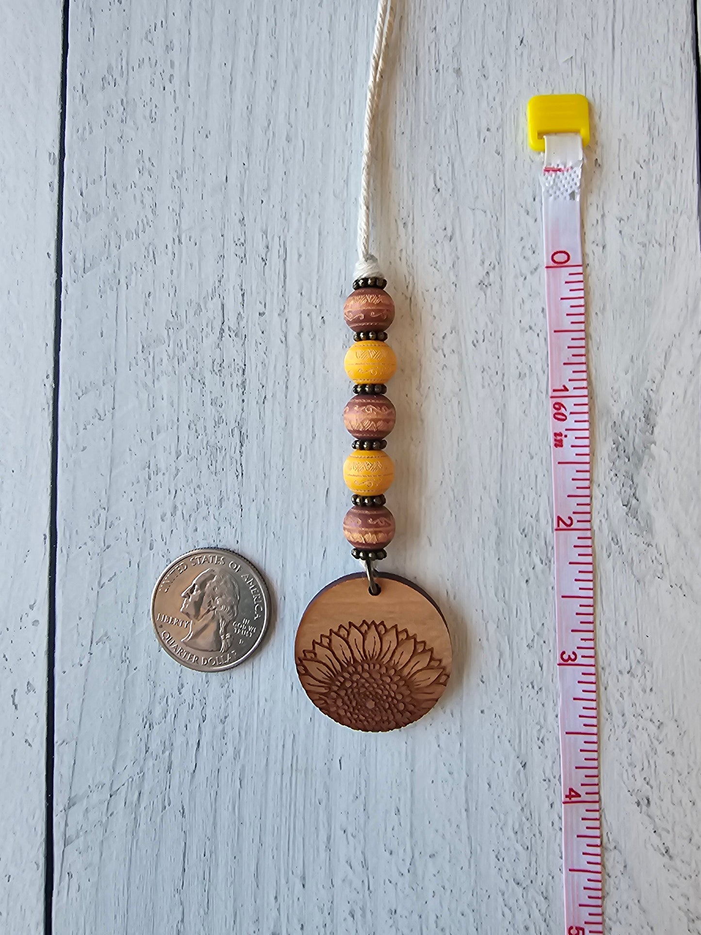 Sunflower Car Charm Handmade with Wooden Beads and Wood Sunflower Charm