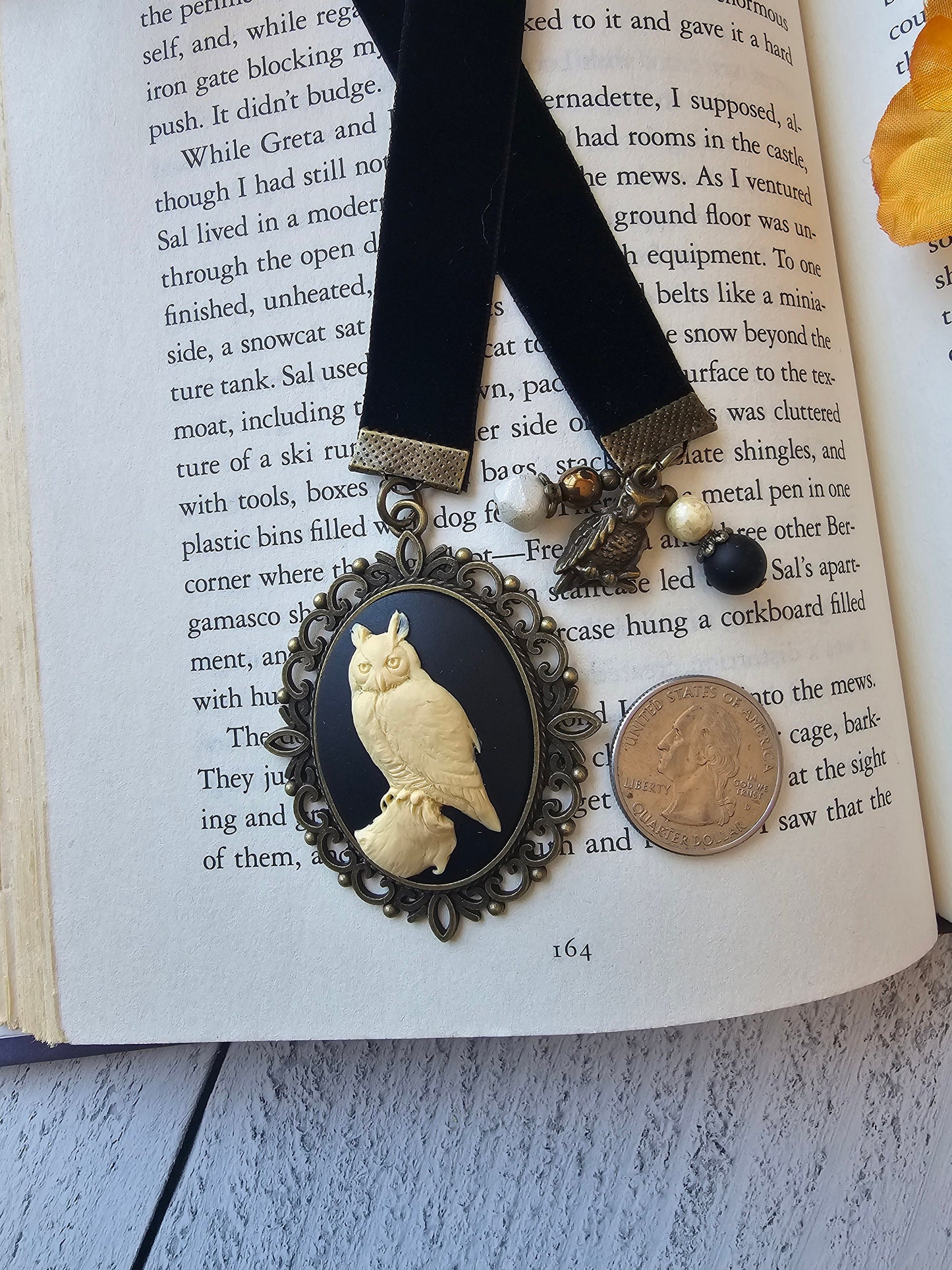 Gothic Great Owl Cameo Bookmark with Black Velvet Ribbon, Handmade Book Lover Gift
