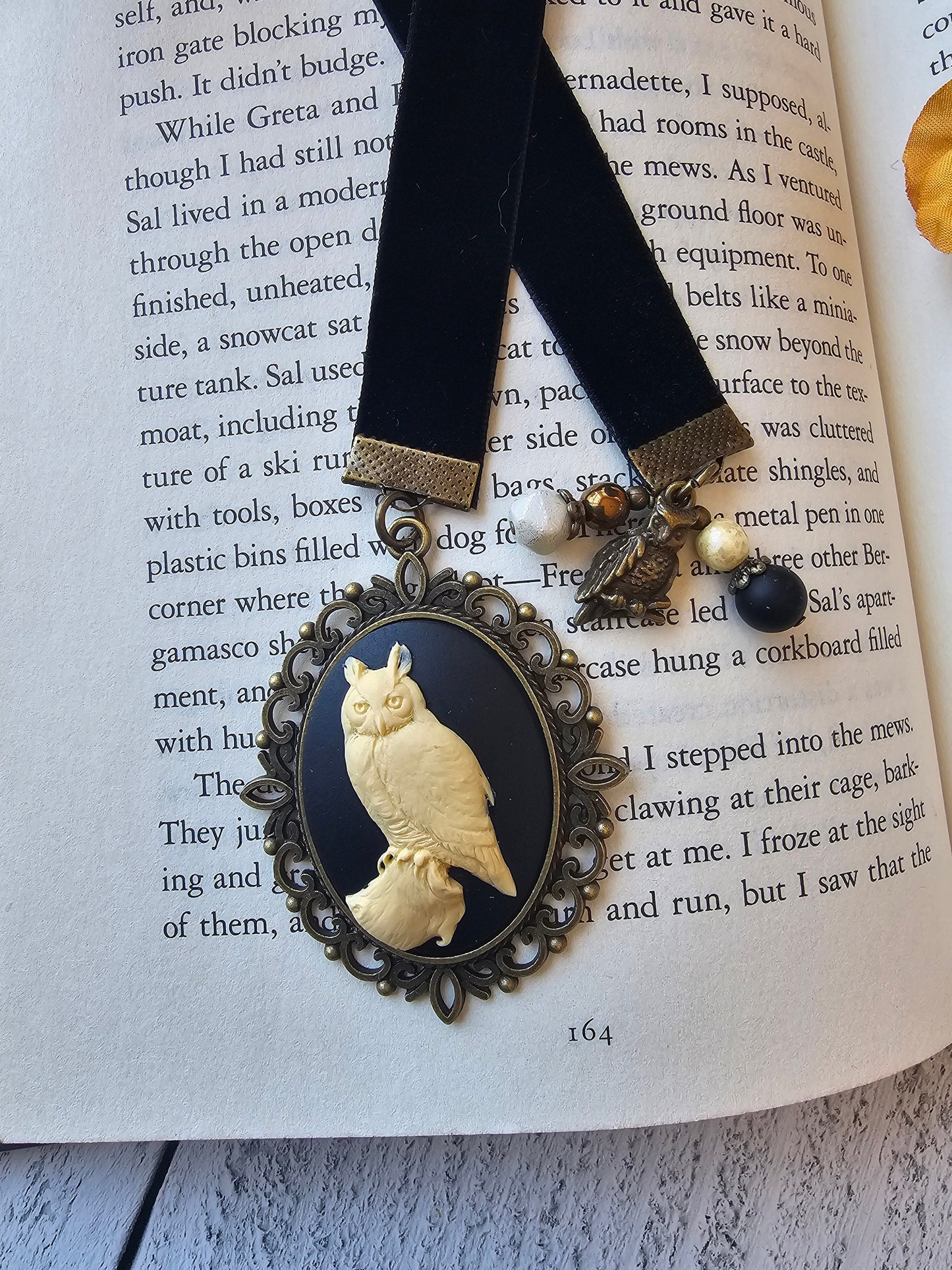 Gothic Great Owl Cameo Bookmark with Black Velvet Ribbon, Handmade Book Lover Gift