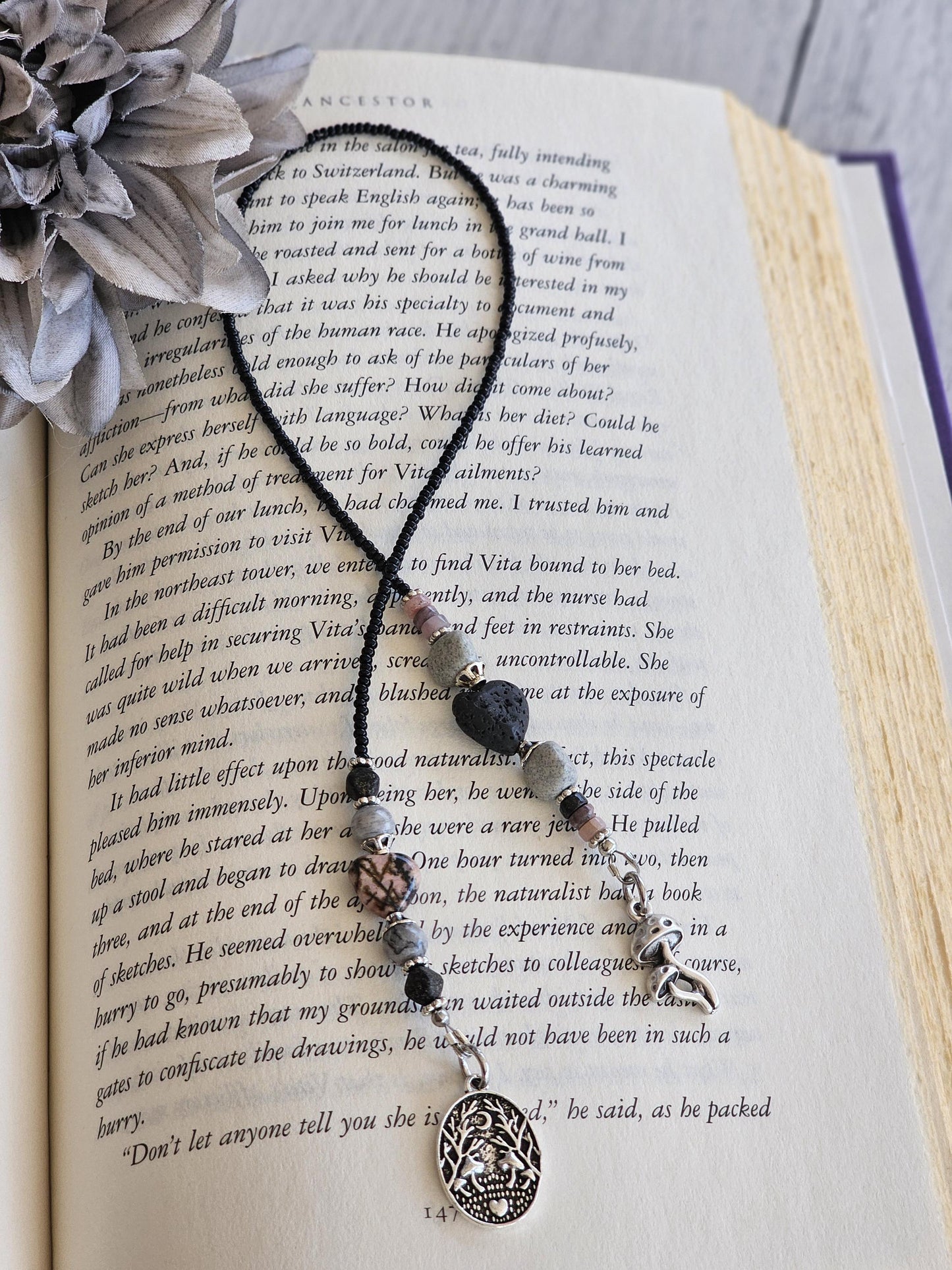 Rhodonite Heart Bookmark, Dark Mushroom Reader Gift