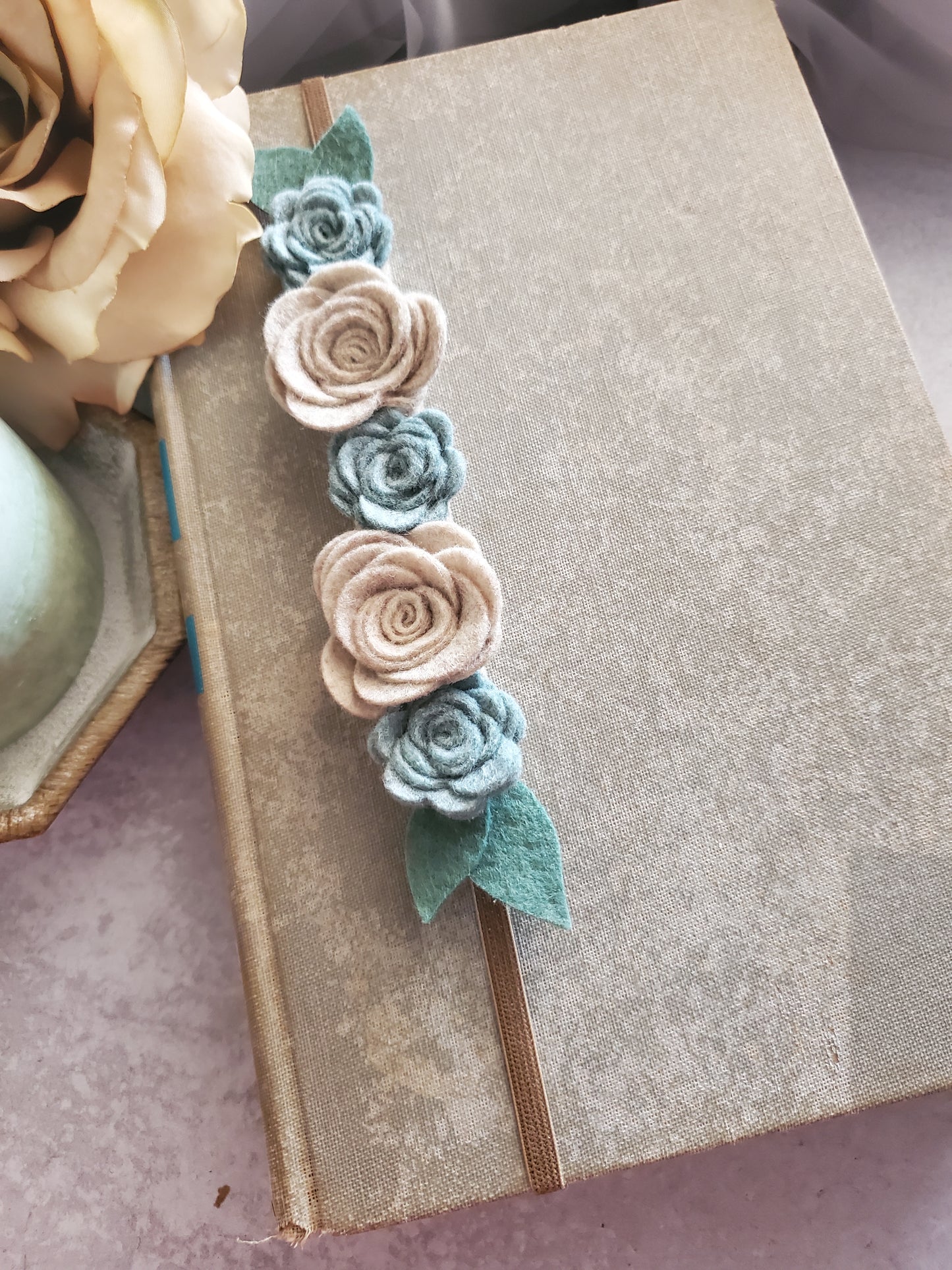 Tan and Blue Felt Flower Book Band Bookmark