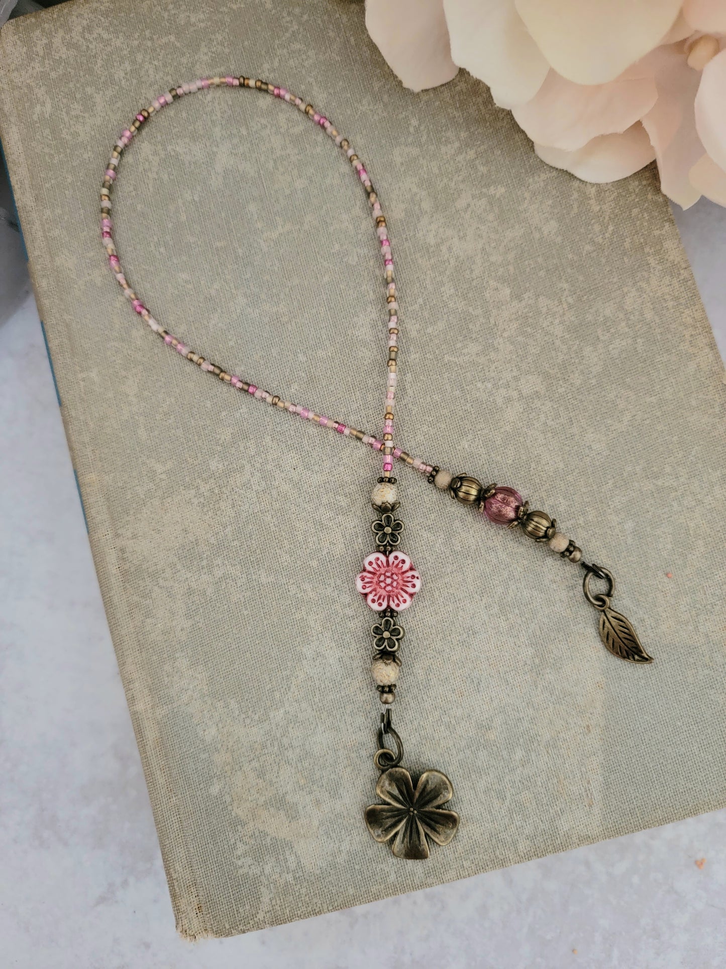 Boho Pink Flower Beaded Bookmark