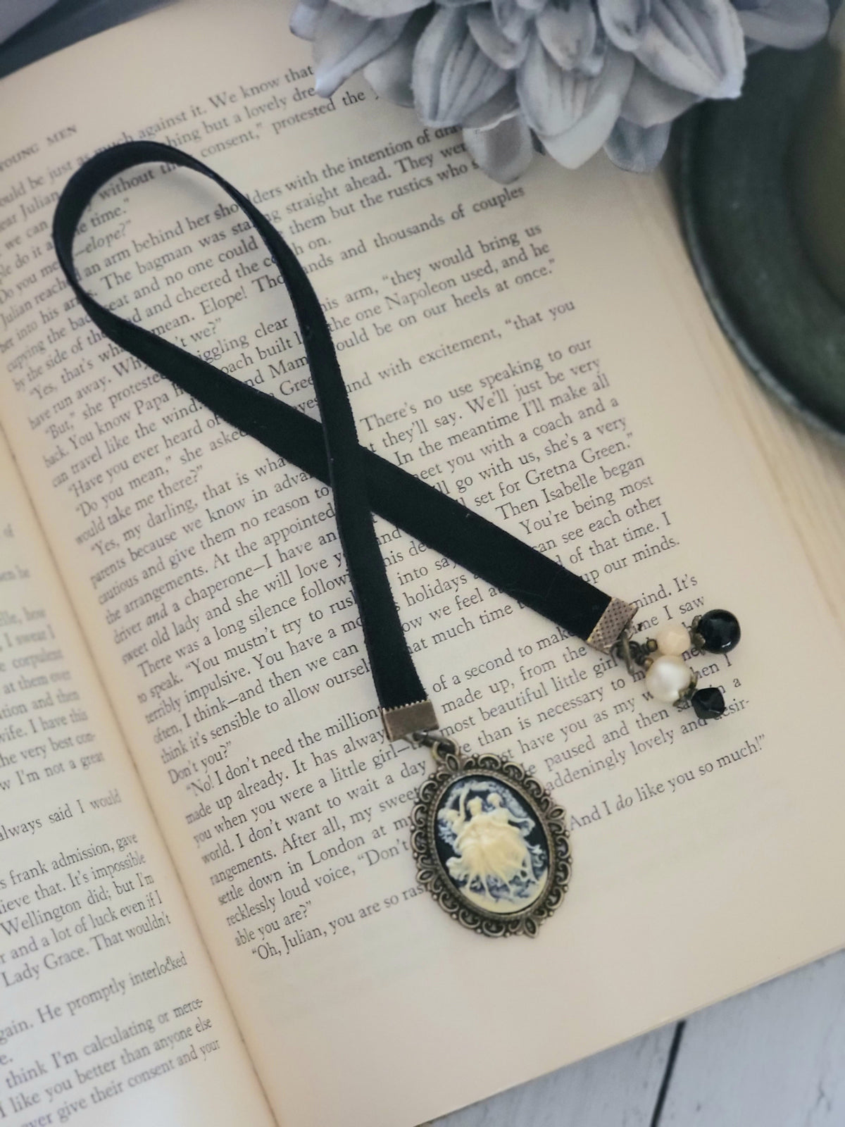 Vintage Style Velvet Ribbon Three Muses Cameo Bookmark