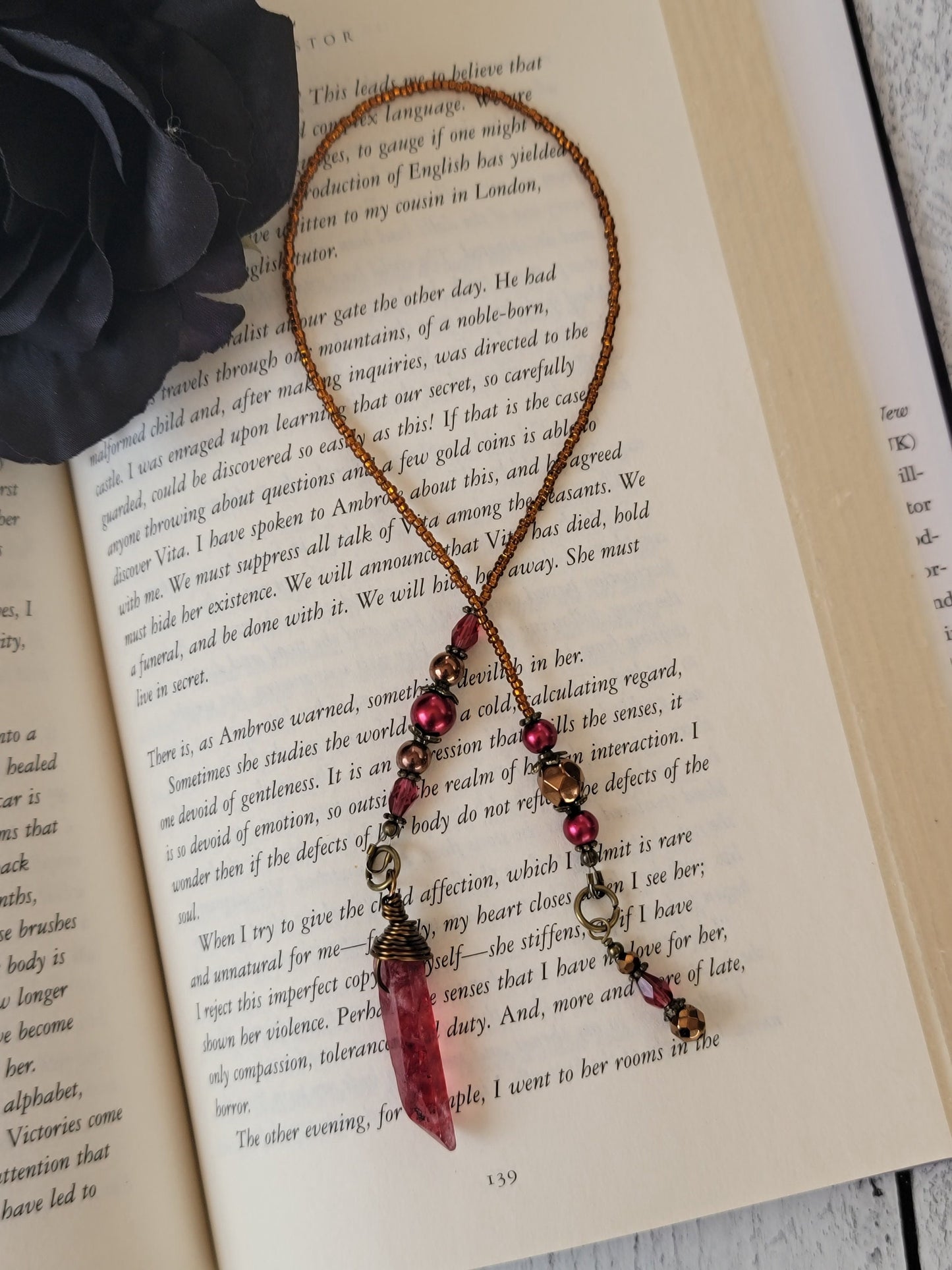 Vampire Blood Crystal Bookmark, Witchy Wrapped Dyed Quartz, Fantasy Horror Lover Gift