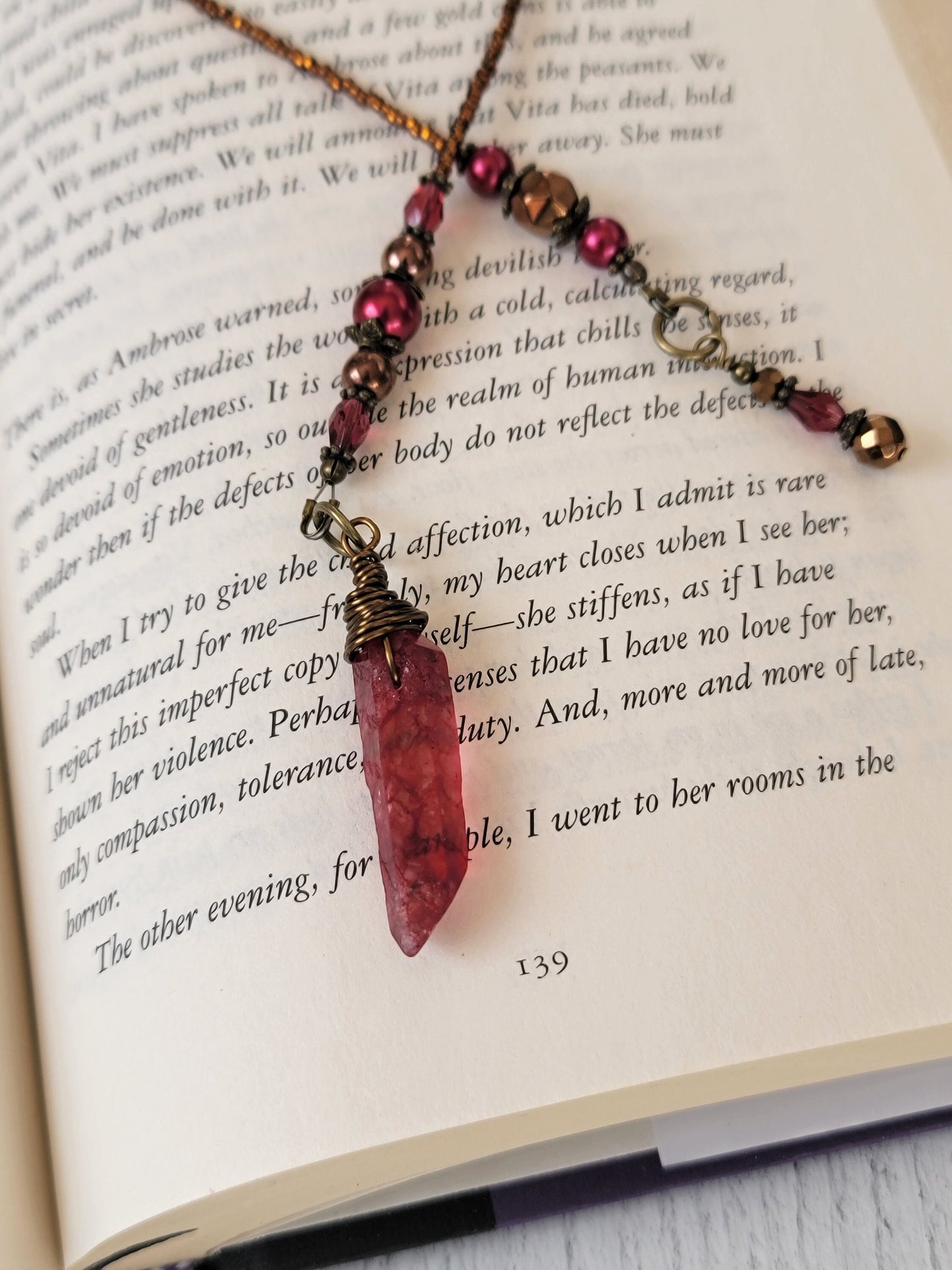 Vampire Blood Crystal Bookmark, Witchy Wrapped Dyed Quartz, Fantasy Horror Lover Gift
