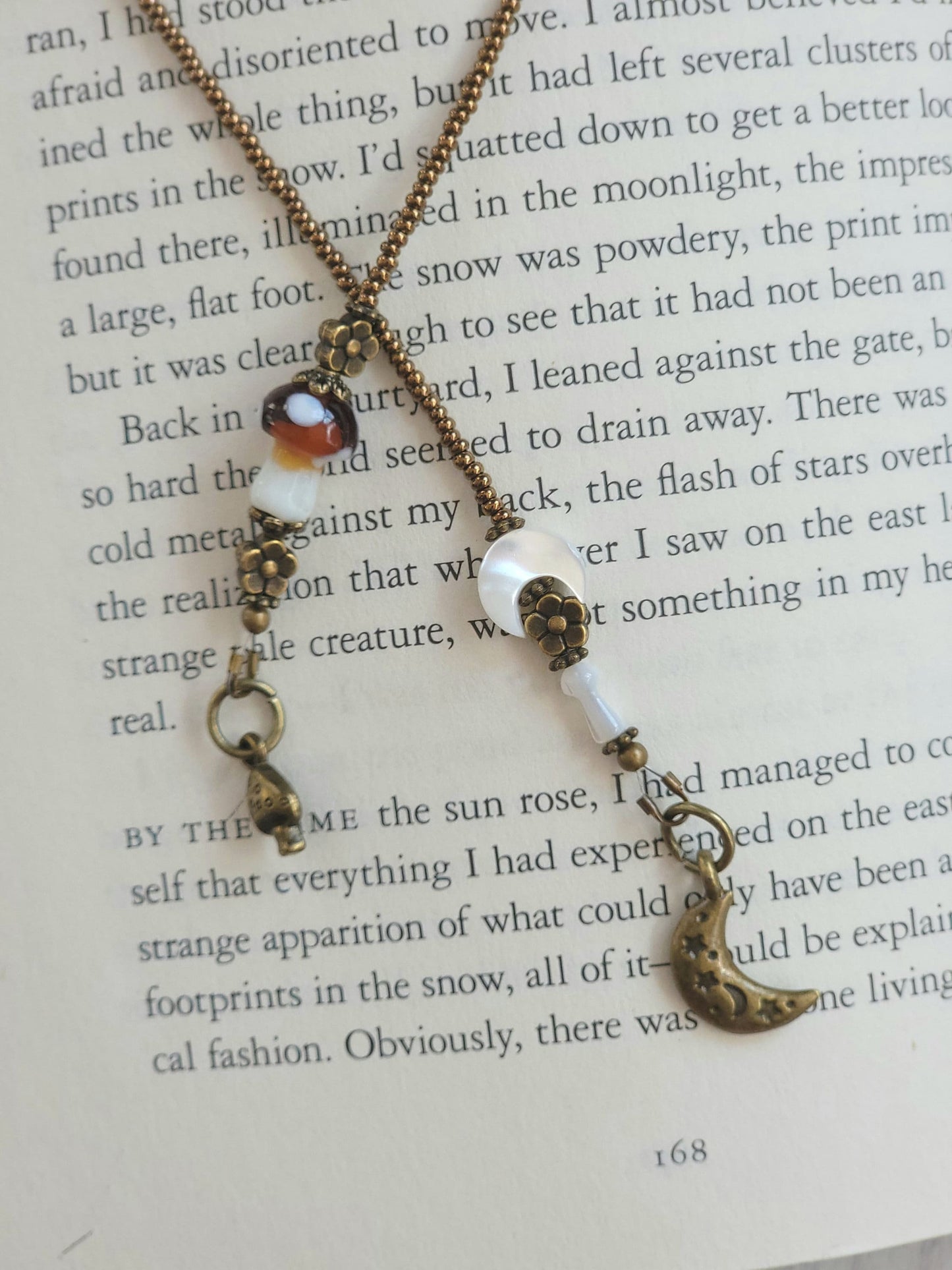 Whimsical Beaded Bookmark with Moon and Mushroom Design, Choose Your Color