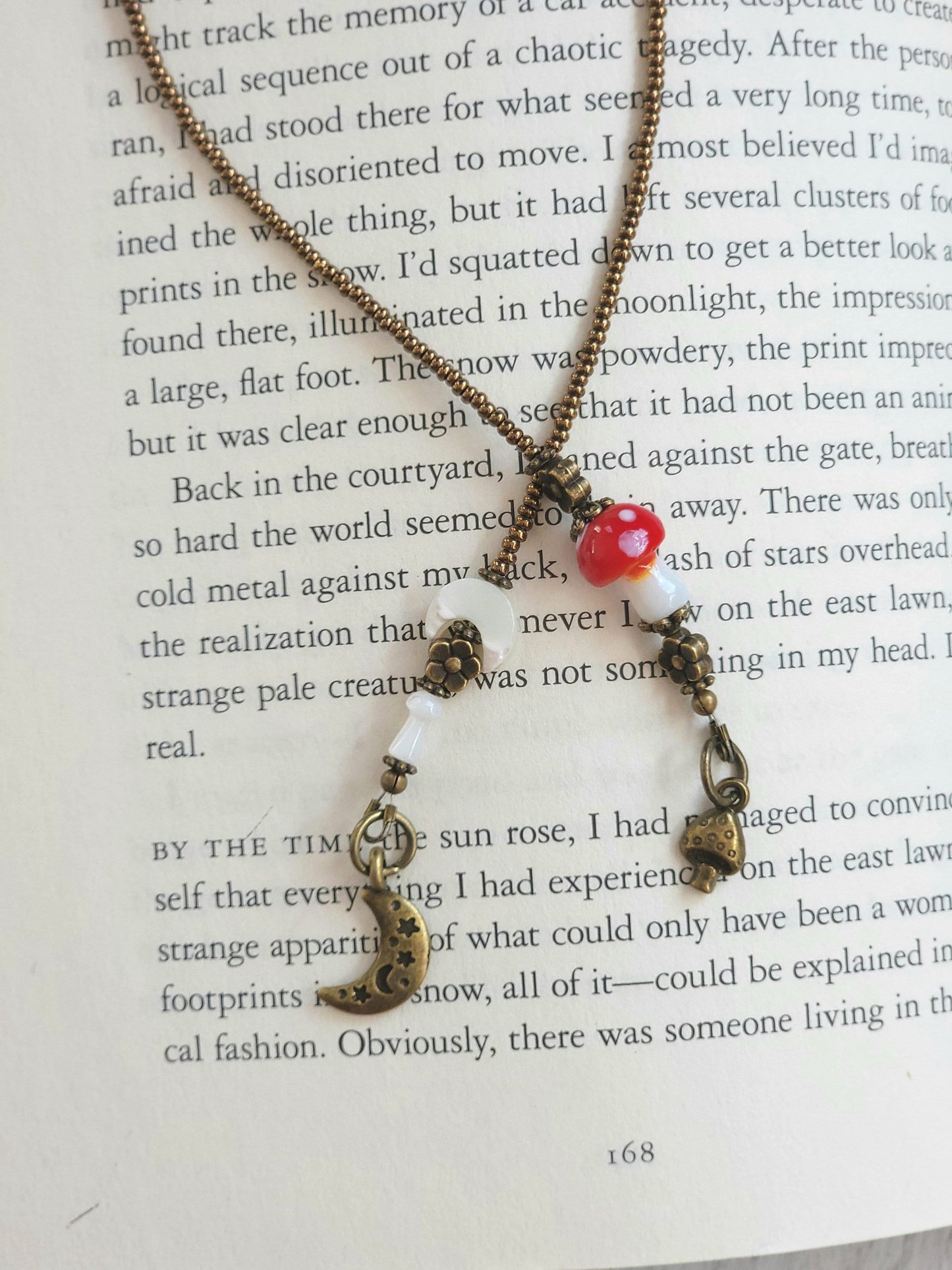 Whimsical Beaded Bookmark with Moon and Mushroom Design, Choose Your Color
