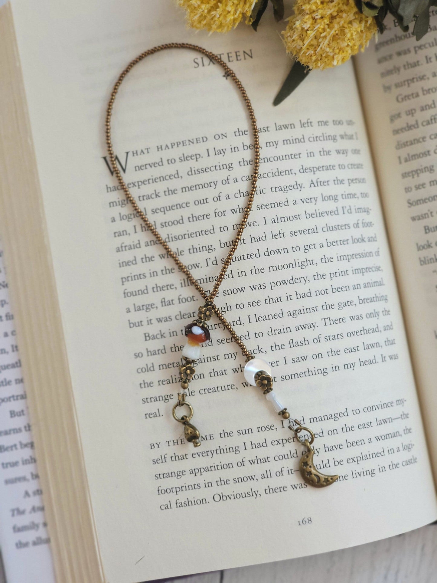 Whimsical Beaded Bookmark with Moon and Mushroom Design, Choose Your Color