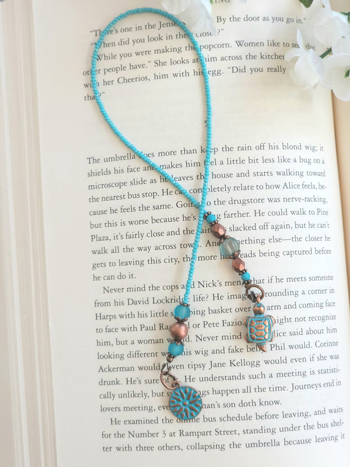 Turquoise and Copper Beaded Bookmark with Adorable Turtle Charm