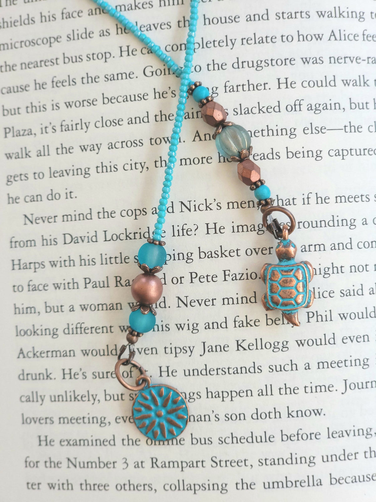 Turquoise and Copper Beaded Bookmark with Adorable Turtle Charm