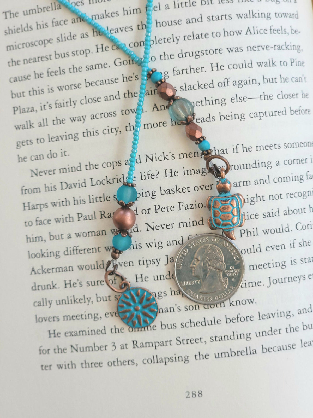 Turquoise and Copper Beaded Bookmark with Adorable Turtle Charm