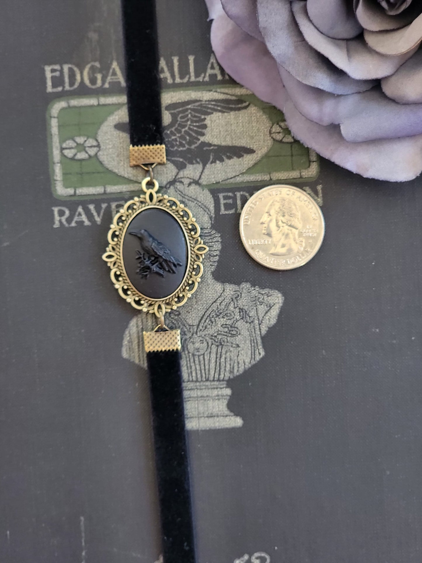 Small Size Dark and Elegant Elastic Velvet Ribbon Bookmark with Black Raven Cameo