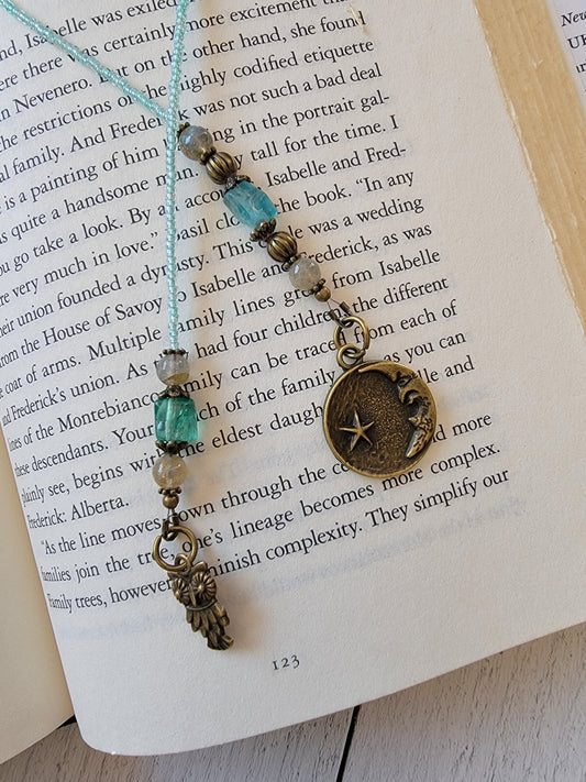 Apatite and Labradorite Beaded Bookmark with Bronze Moon and Owl Charms, Unique Literary Gift