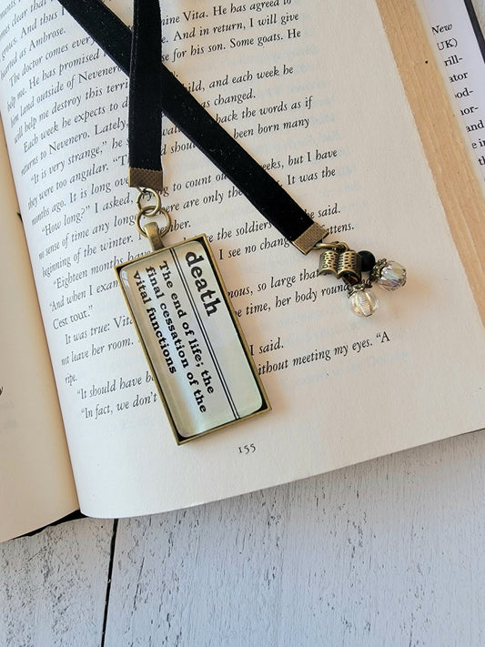 Dark Gothic Velvet Ribbon Bookmark with Pendant featuring Definition of Death - Unique Literary Gift