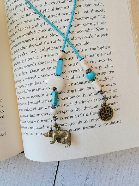 Howlite and Turquoise Beaded Bookmark with Fetish Bear Bead And Bronze Charms