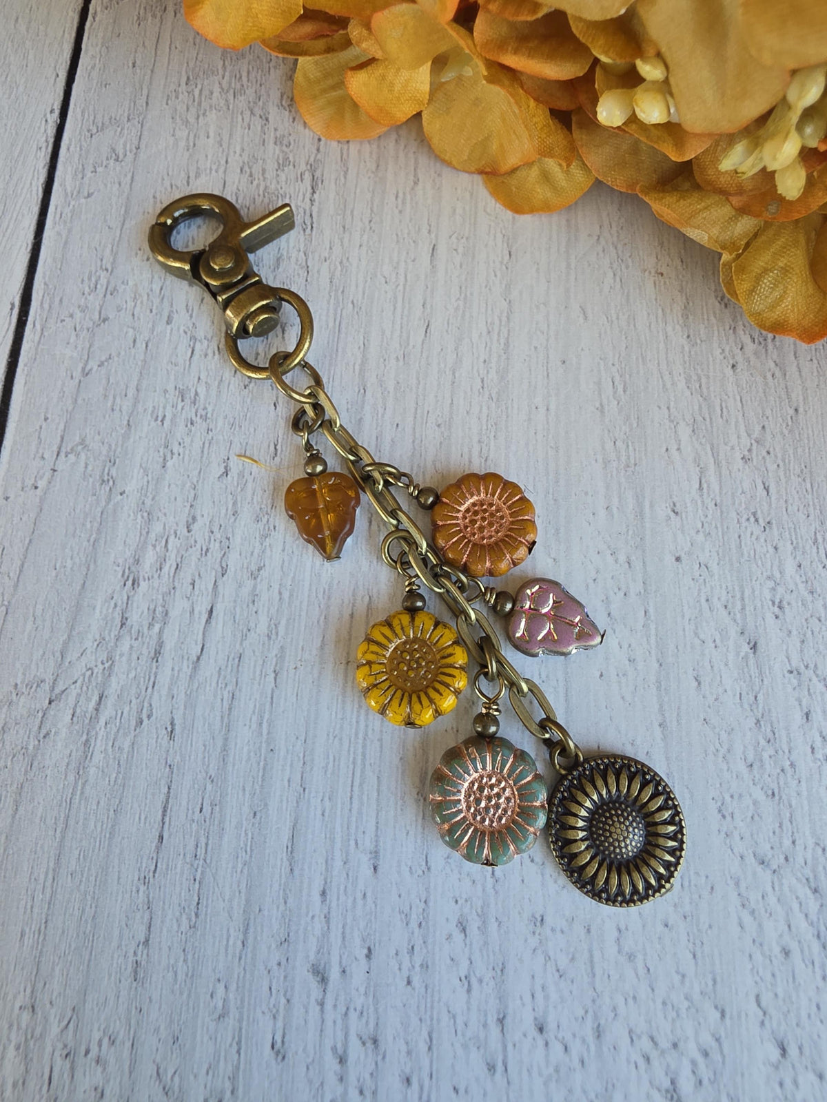 Sunflower Bag Charm With Glass Bead, Choose Your Color Combo
