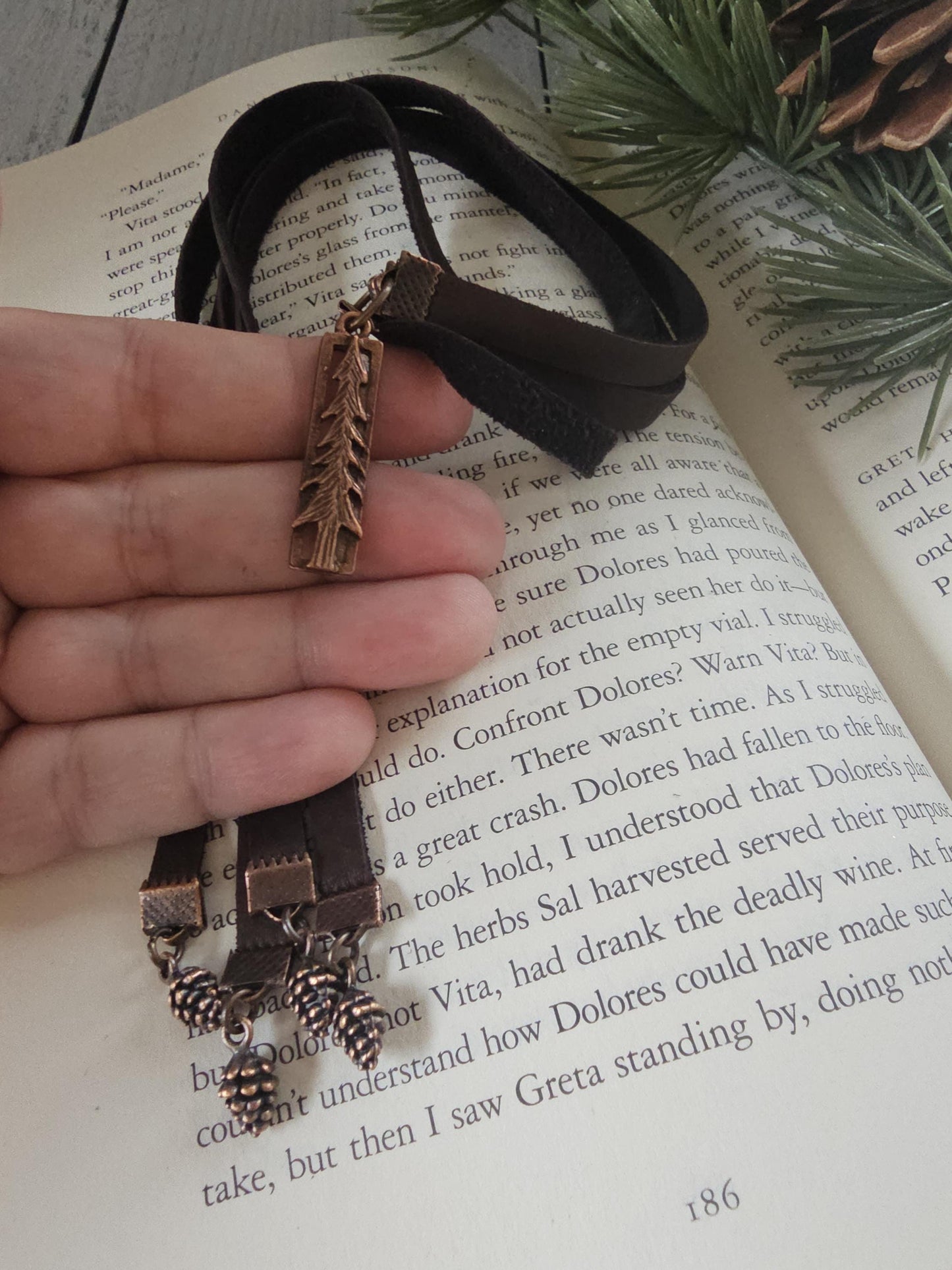 Multi-strand Rustic Bookmark Made With Leather and Copper Plated Pine Tree and Pine Cone Charms, Great Gift for Wilderness Lover