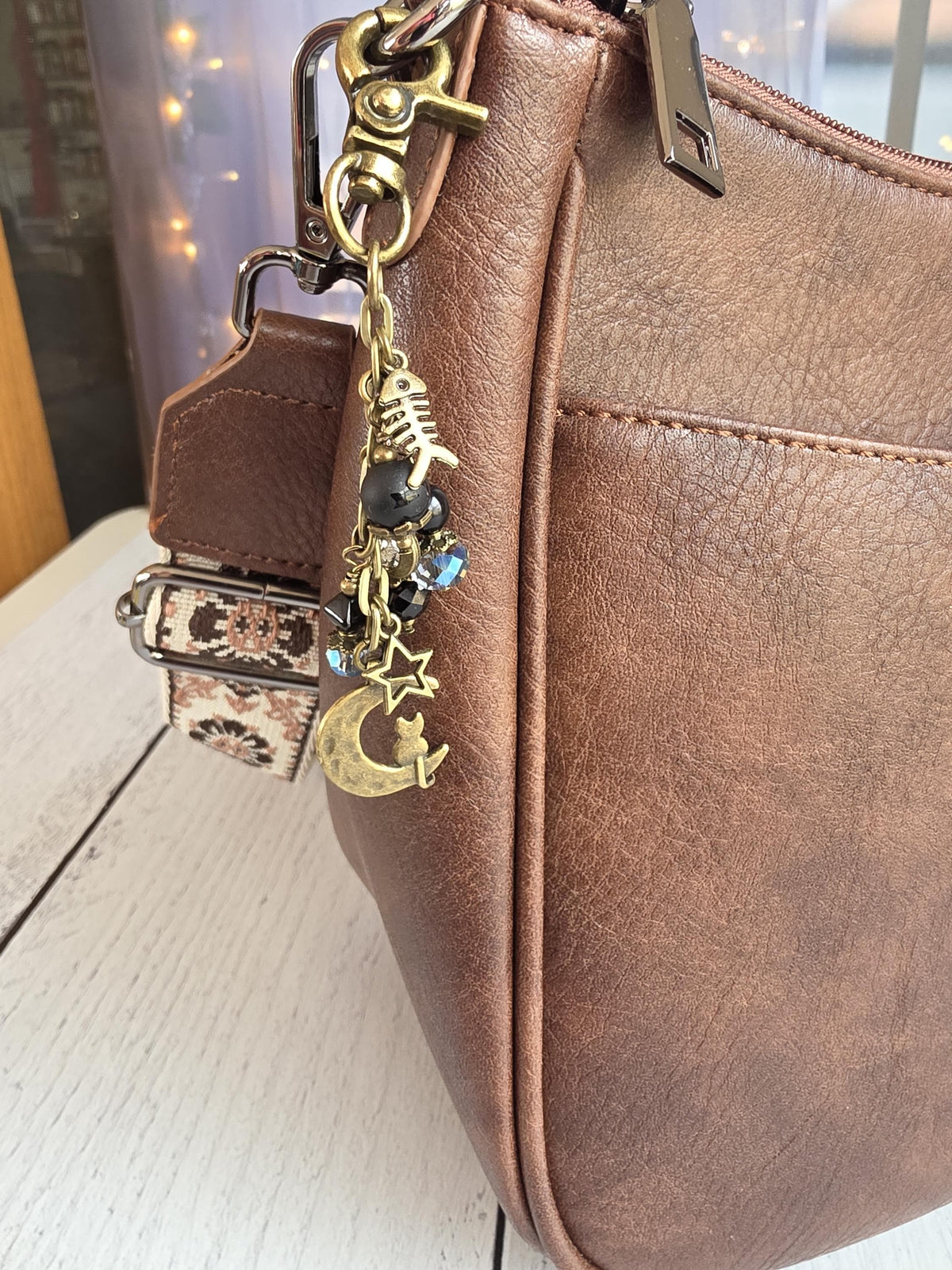 Cat and Moon Purse Charm With Beaded Accents