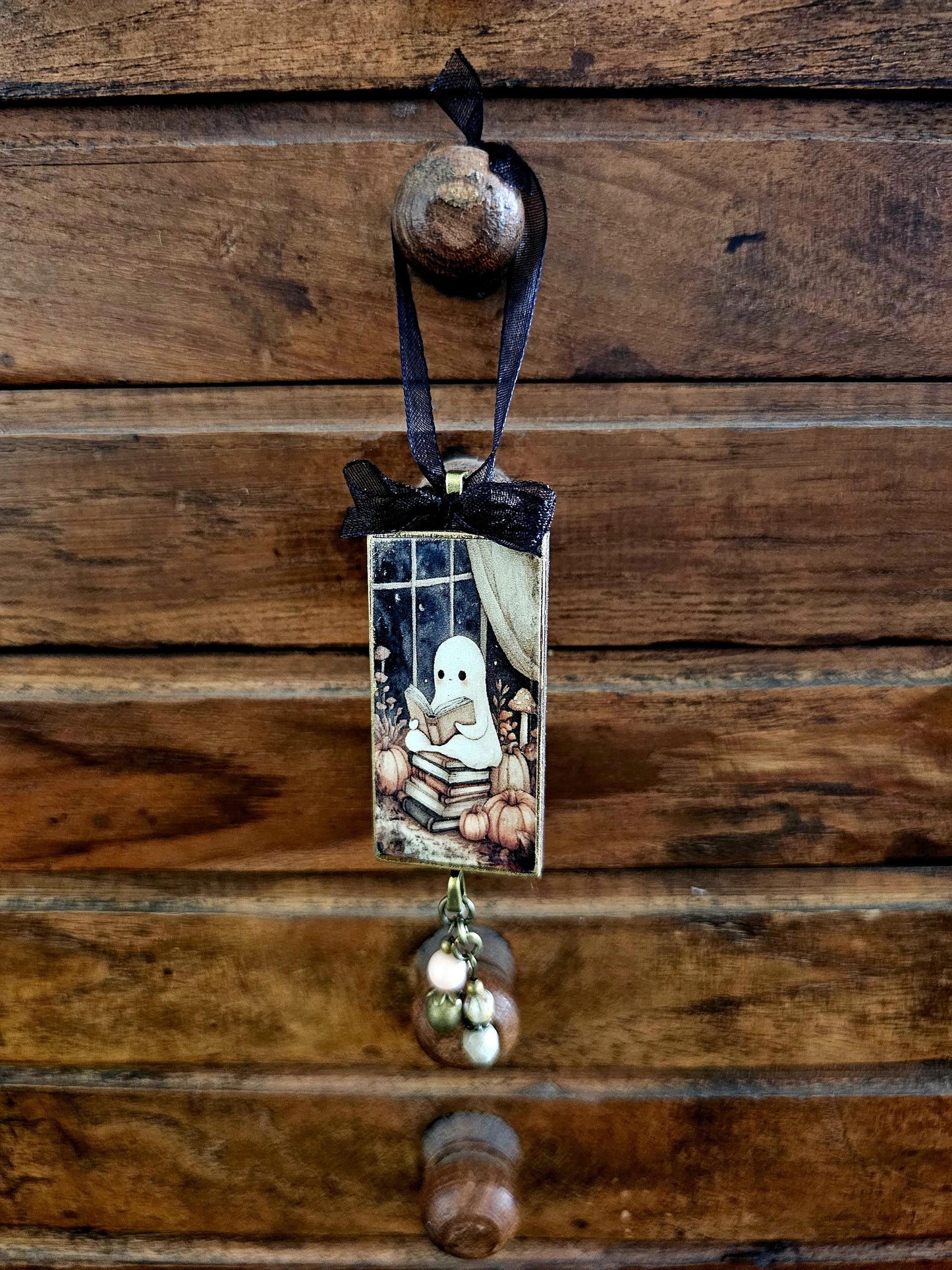 Whimsical Ghost and Books Ornament, Halloween Fall Decor