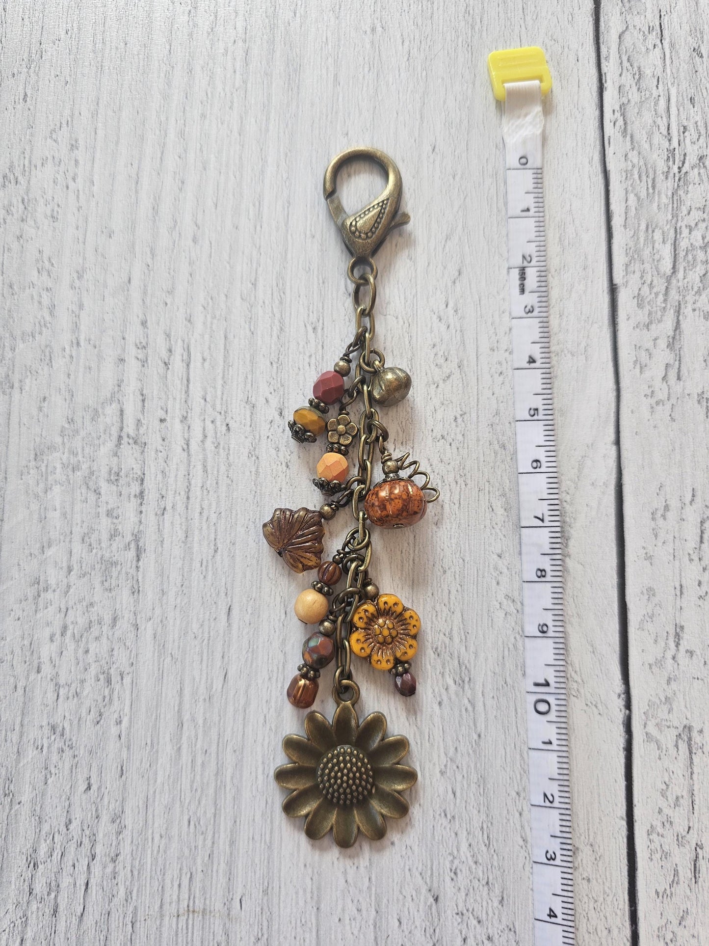 Boho Style Pumpkin Beaded Bag Charm Zipper Pull With Bronze Plated Sunflower Charm, Perfect for Fall!