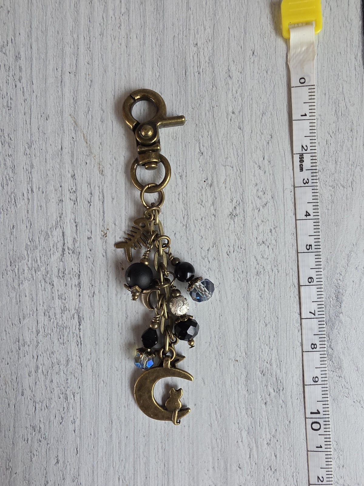 Cat and Moon Purse Charm With Beaded Accents