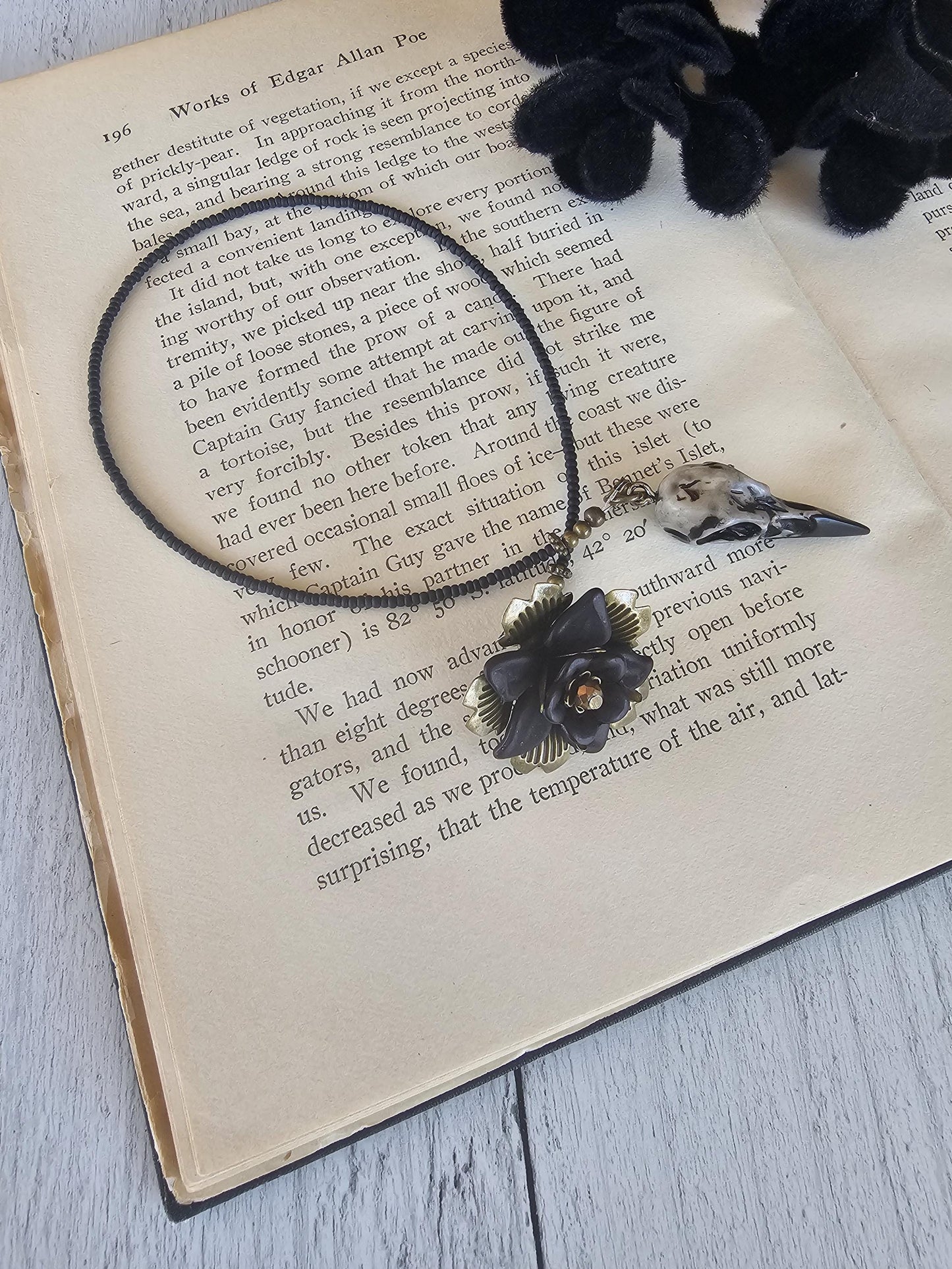 Raven Skull Bookmark with Elegant Flower Bauble Charm - Gothic Inspired Reading Accessory