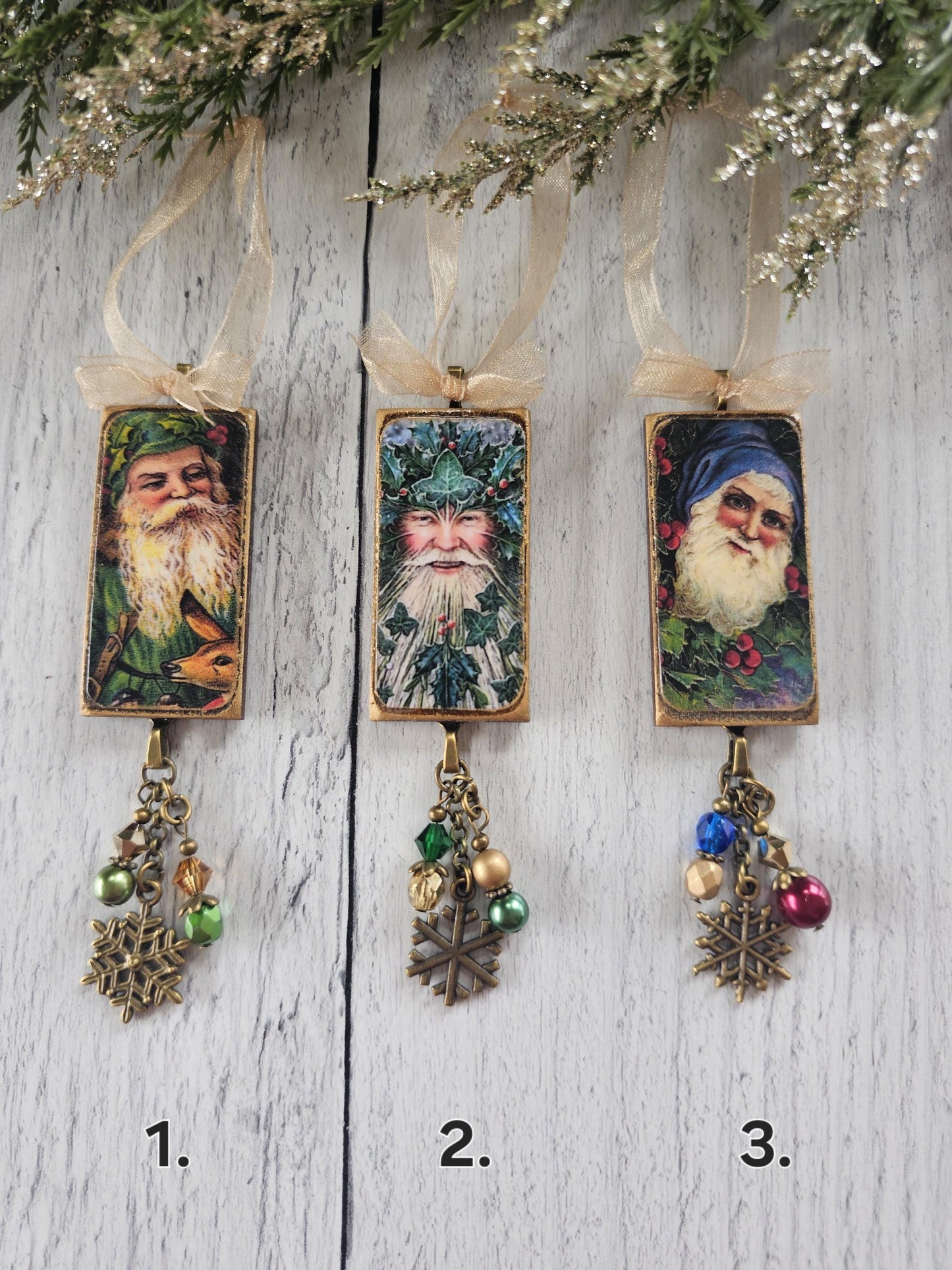 Set of Three Vintage Era Santa Wood Christmas Ornaments, Buy One or All Three