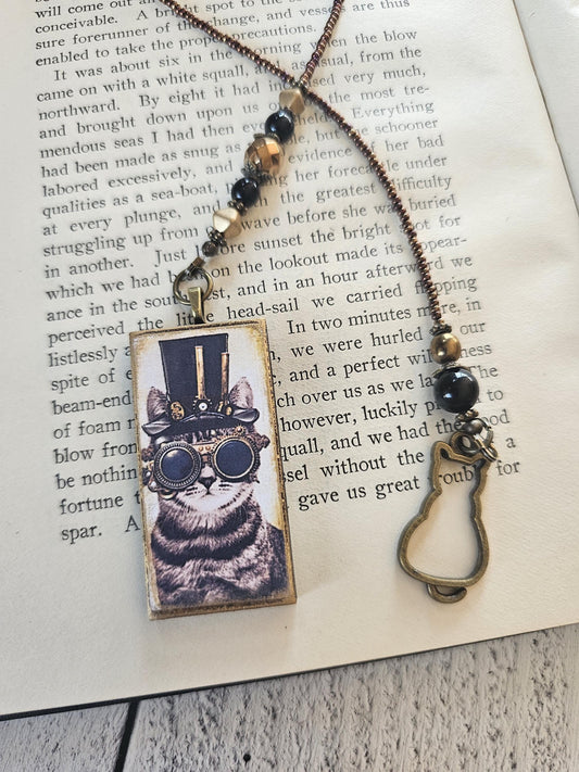 Steampunk Cat Bookmark, Unique Reader Gift, Feline Bookmarker
