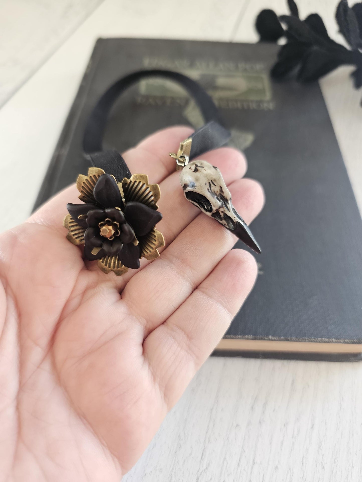Raven Skull Bookmark with Elegant Flower Bauble Charm - Gothic Inspired Reading Accessory