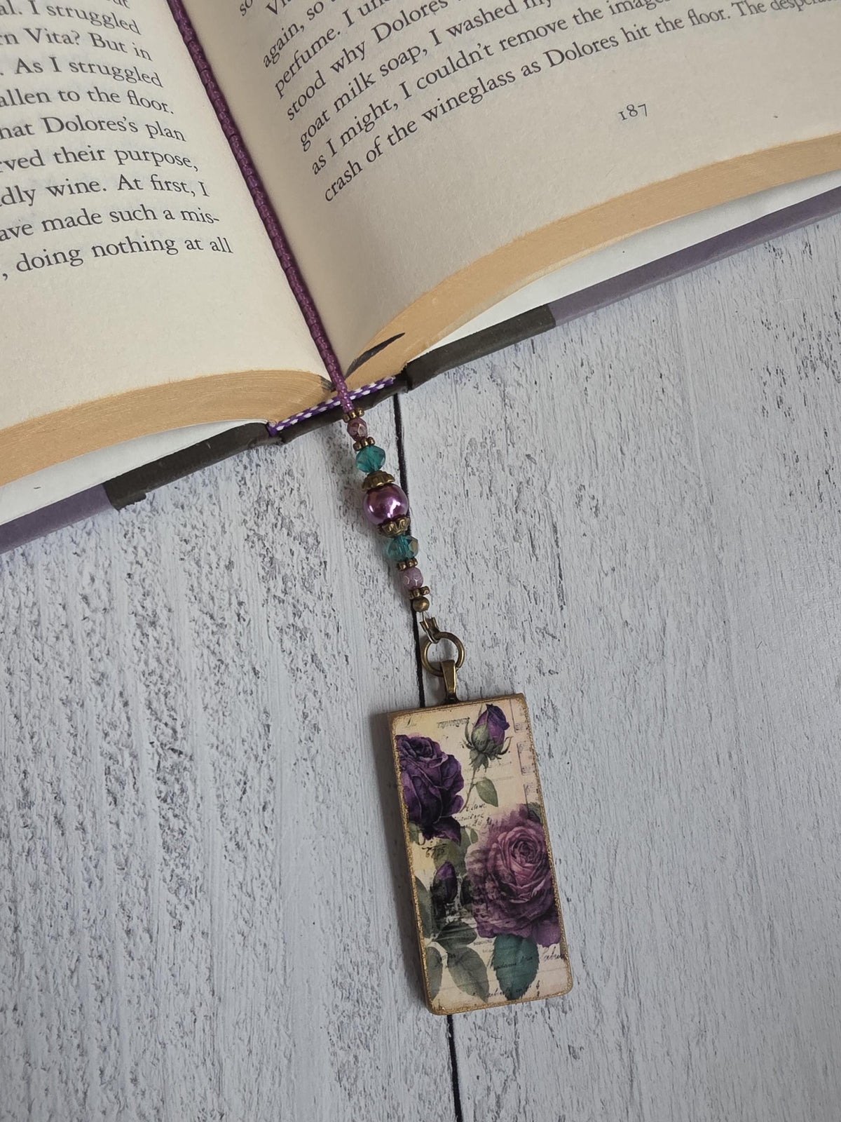 Purple Rose Beaded Bookmark With Handmade Floral Pendant