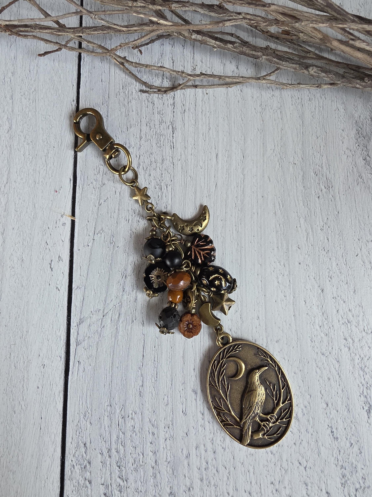 Raven or Crow Theme Bag Charm With Moon Accents