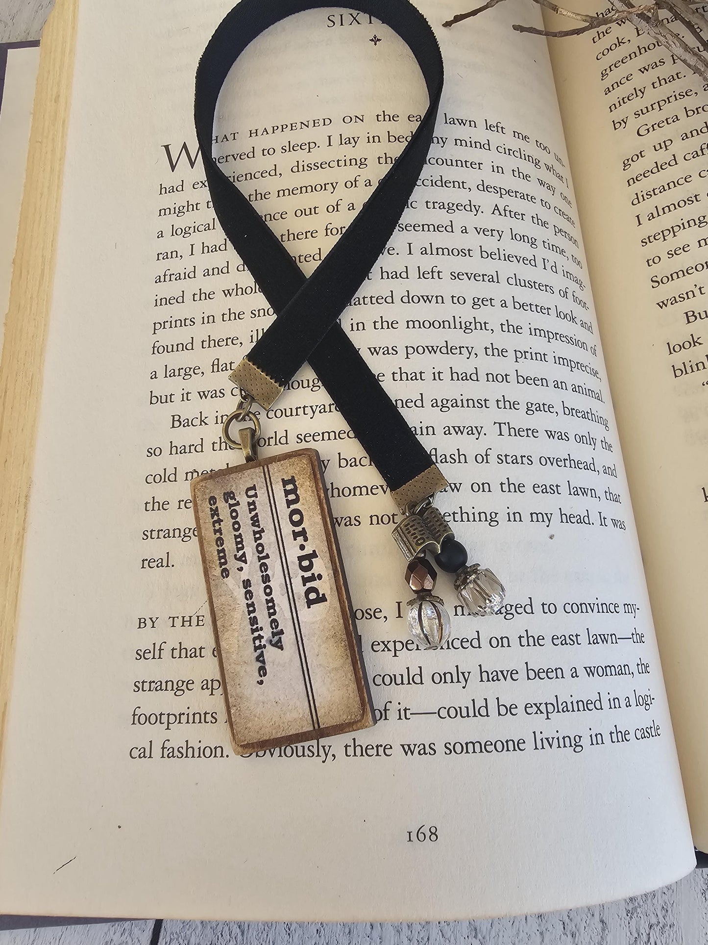 Dark Gothic Velvet Ribbon Bookmark with Pendant featuring Gothic Definitions Death, Decay, Omen, Morbid, Hex, Darkness, Unique Literary Gift