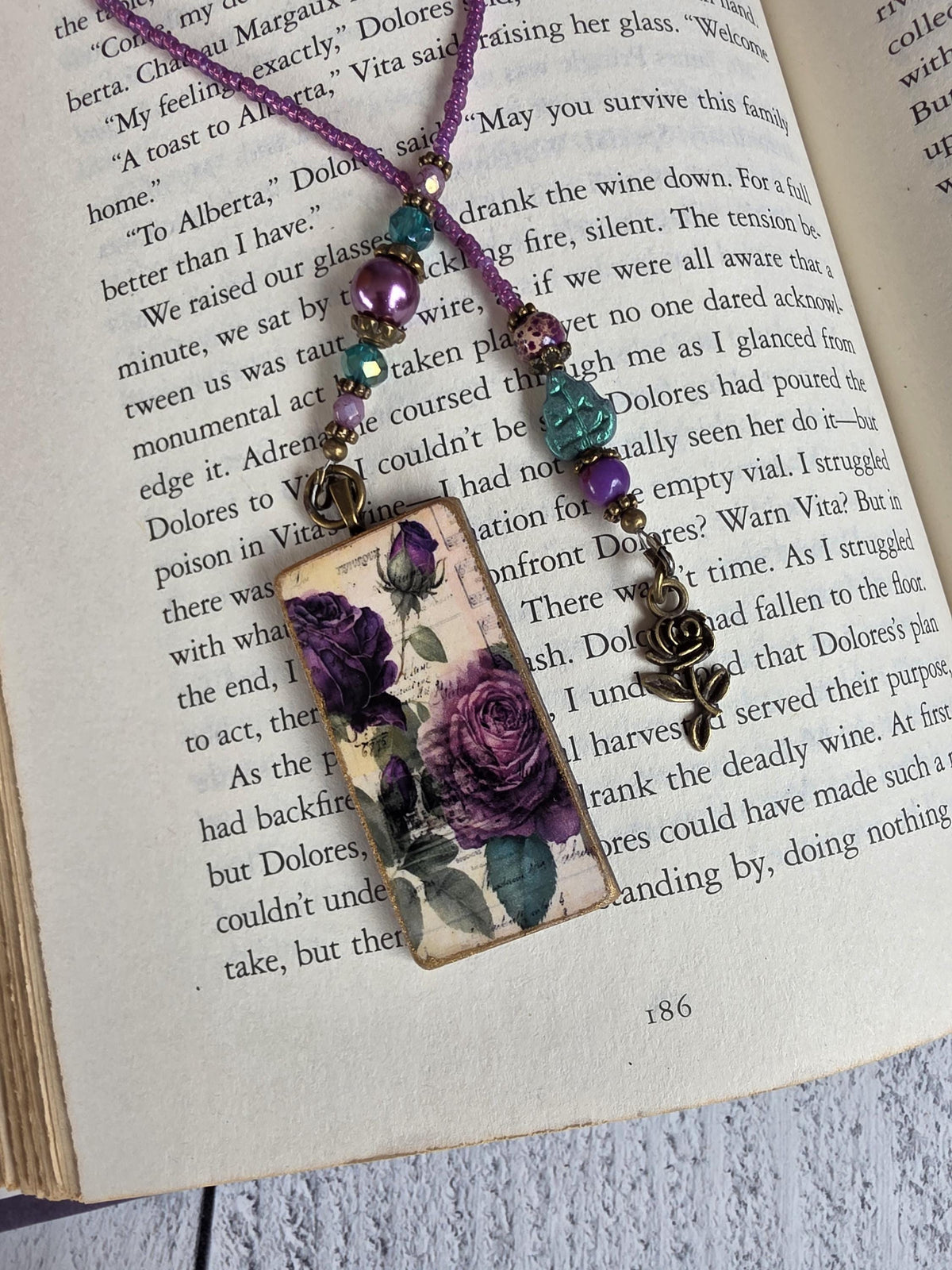 Purple Rose Beaded Bookmark With Handmade Floral Pendant