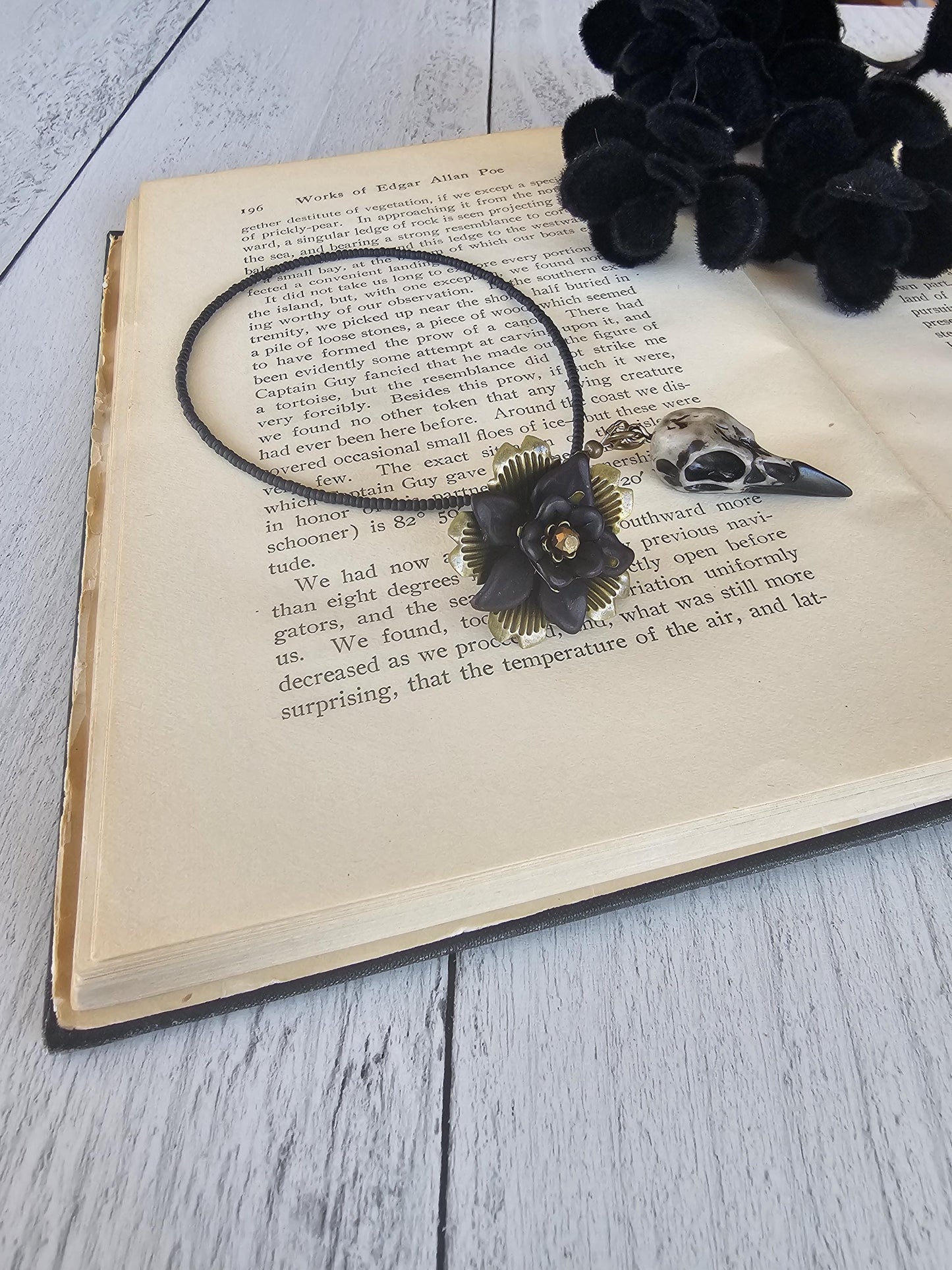 Raven Skull Bookmark with Elegant Flower Bauble Charm - Gothic Inspired Reading Accessory