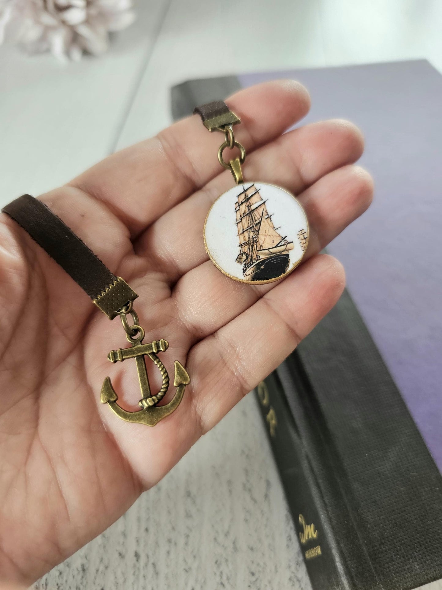 Sailing Ship Bookmark, Vintage Style Leather Bookmarker, Men's Reader Gift, Father's Day