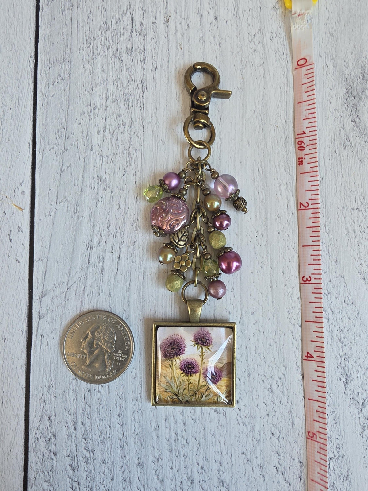Beaded Bag Charm With Thistle Theme, Purse Flair