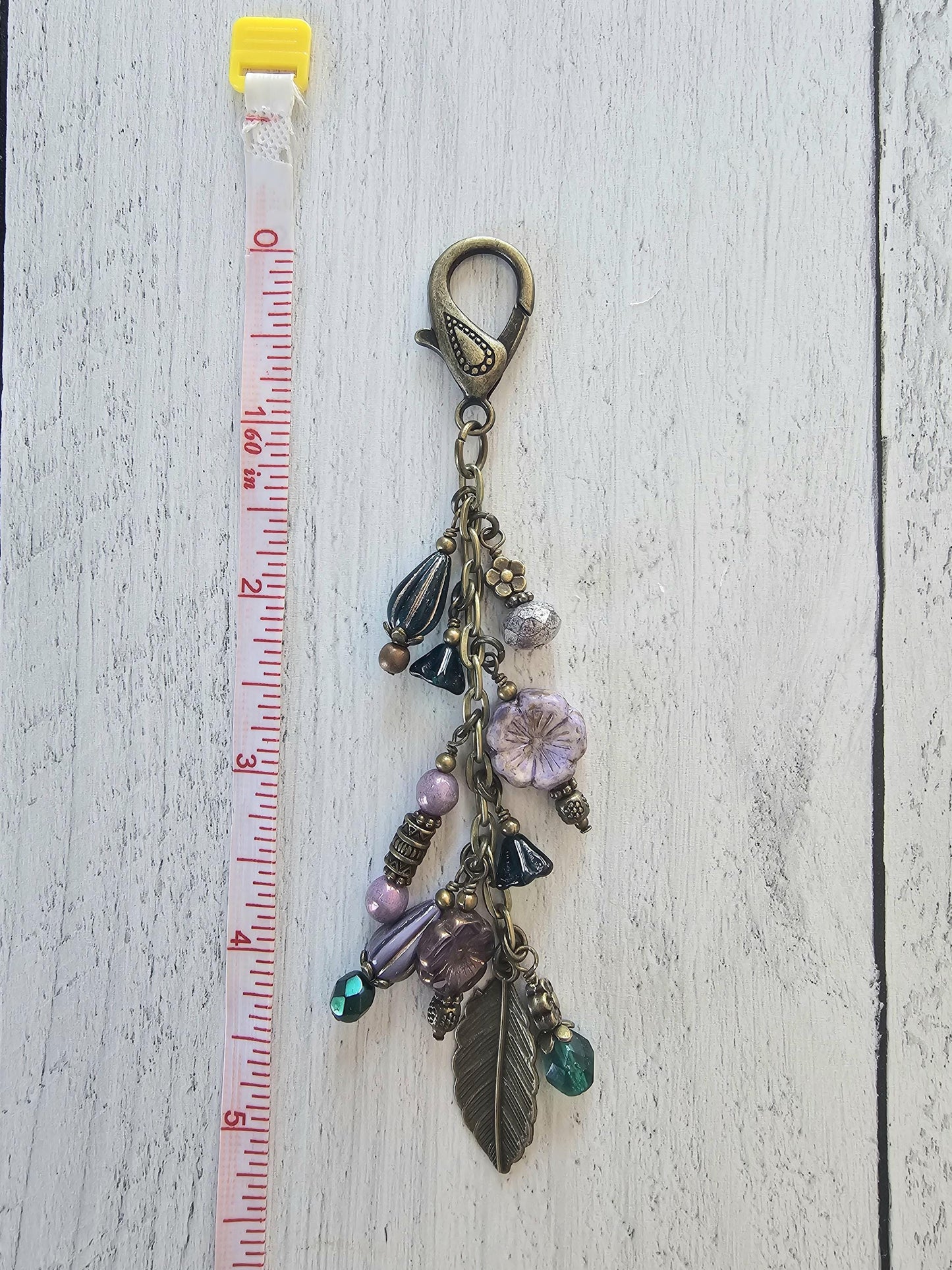 Boho Style Beaded Bag Charm Zipper Pull With Nature Theme, Flowers, Leaves