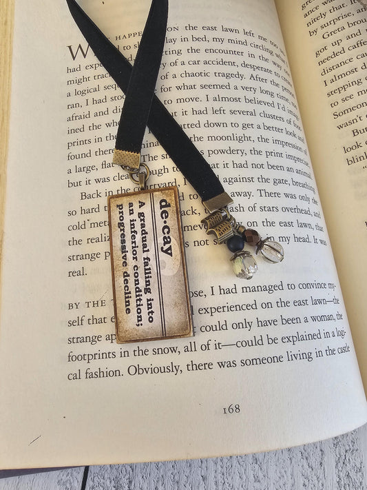 Dark Gothic Velvet Ribbon Bookmark with Pendant featuring Gothic Definitions Death, Decay, Omen, Morbid, Hex, Darkness, Unique Literary Gift