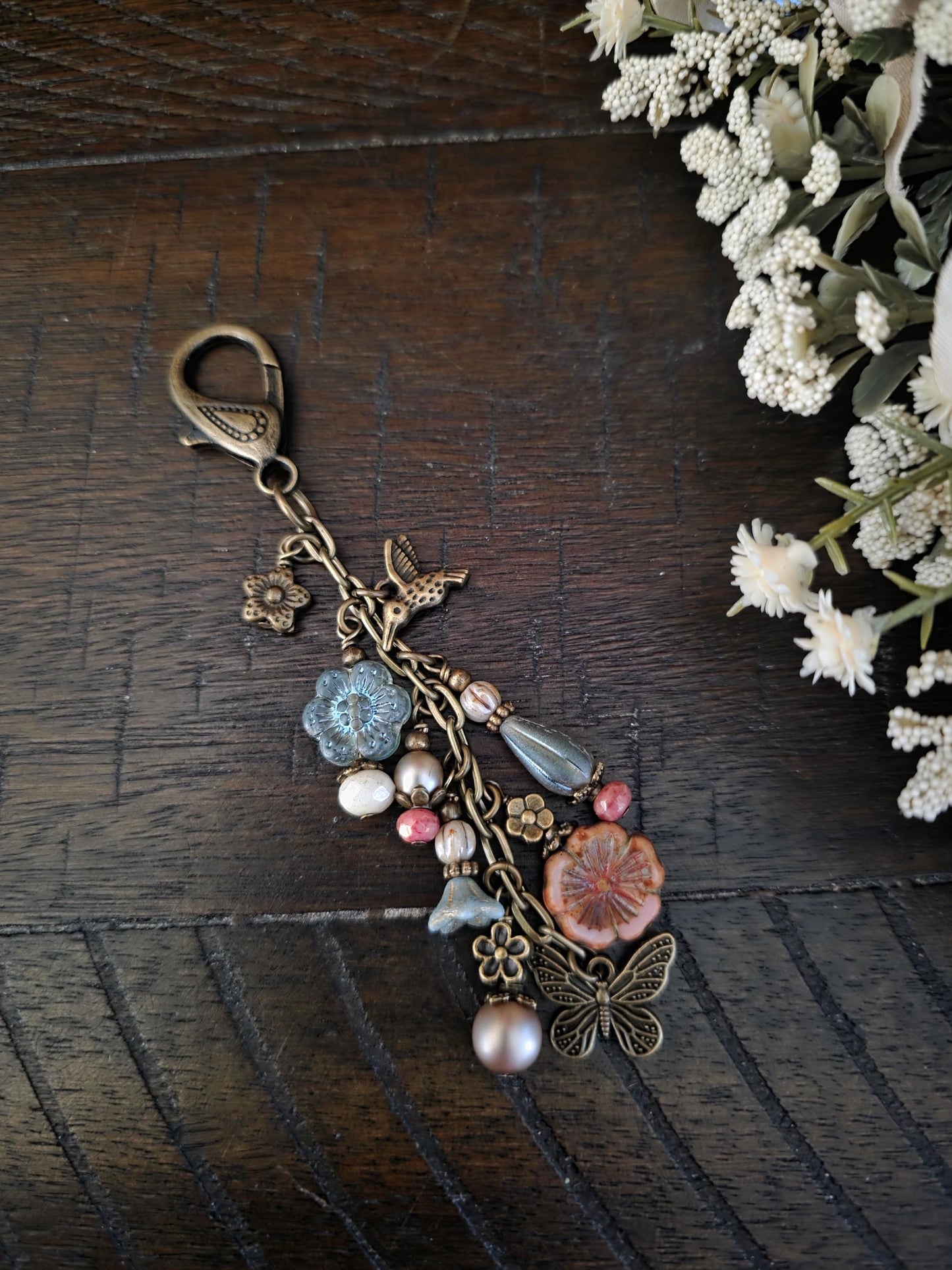 Boho Style Beaded Bag Charm Zipper Pull With Hummingbird and Butterfly Charms