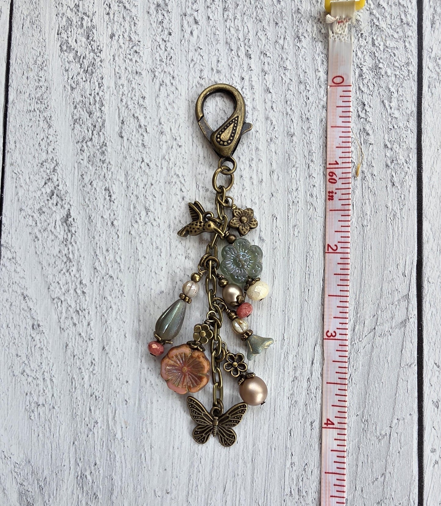 Boho Style Beaded Bag Charm Zipper Pull With Hummingbird and Butterfly Charms