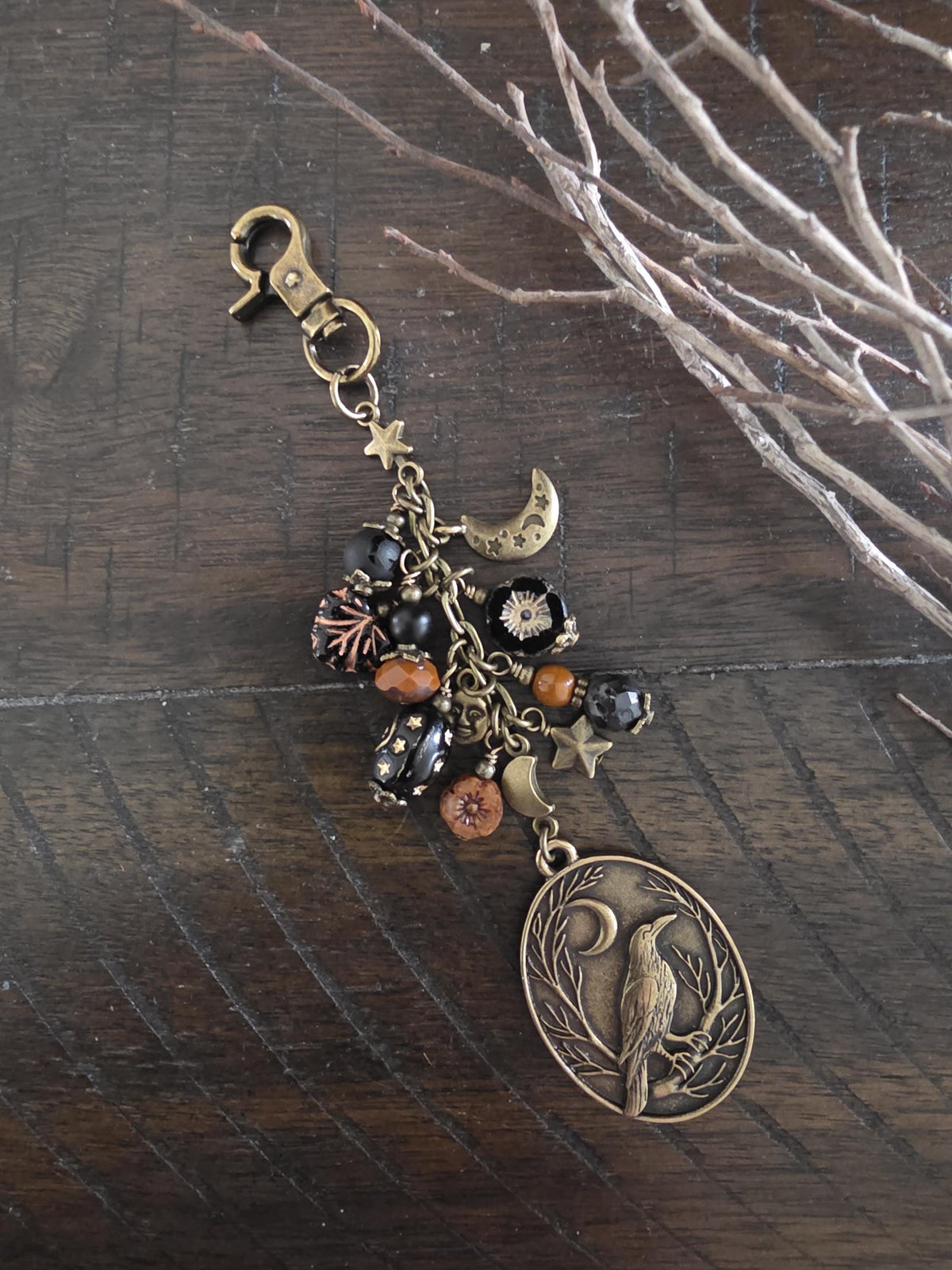 Raven or Crow Theme Bag Charm With Moon Accents