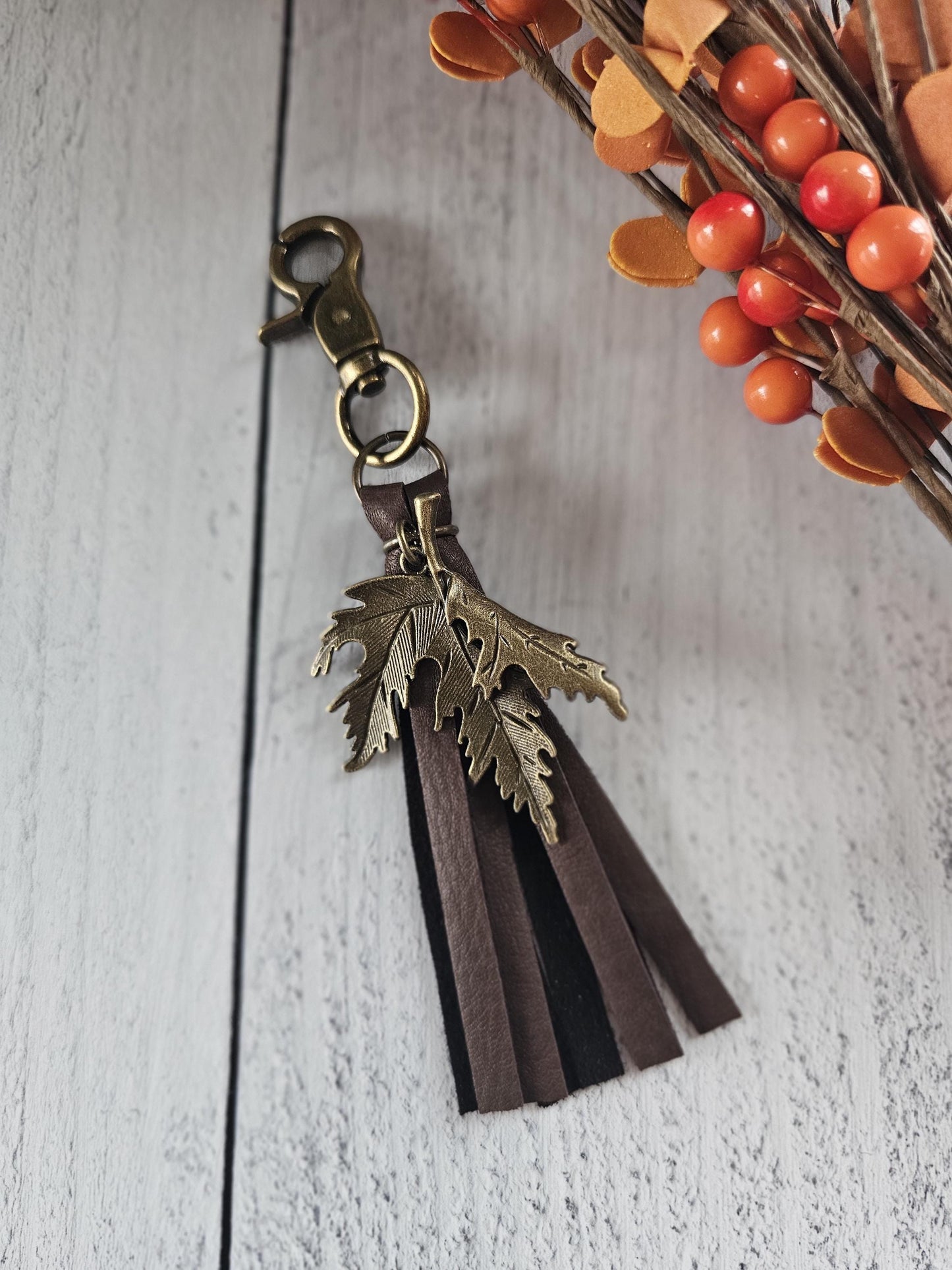Boho Leather Bag Tassel With Bronze Plated Leaf Charm