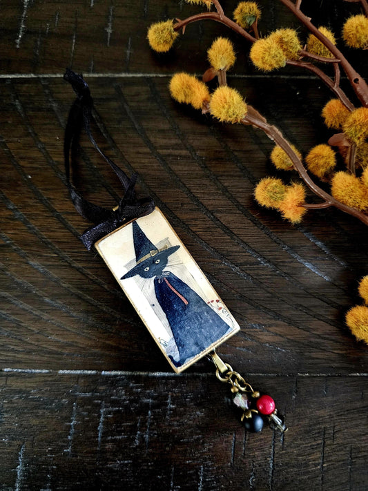 Witch Cat Whimsical Ornament, Halloween Decor