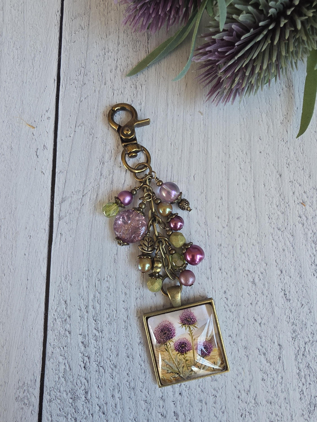 Beaded Bag Charm With Thistle Theme, Purse Flair