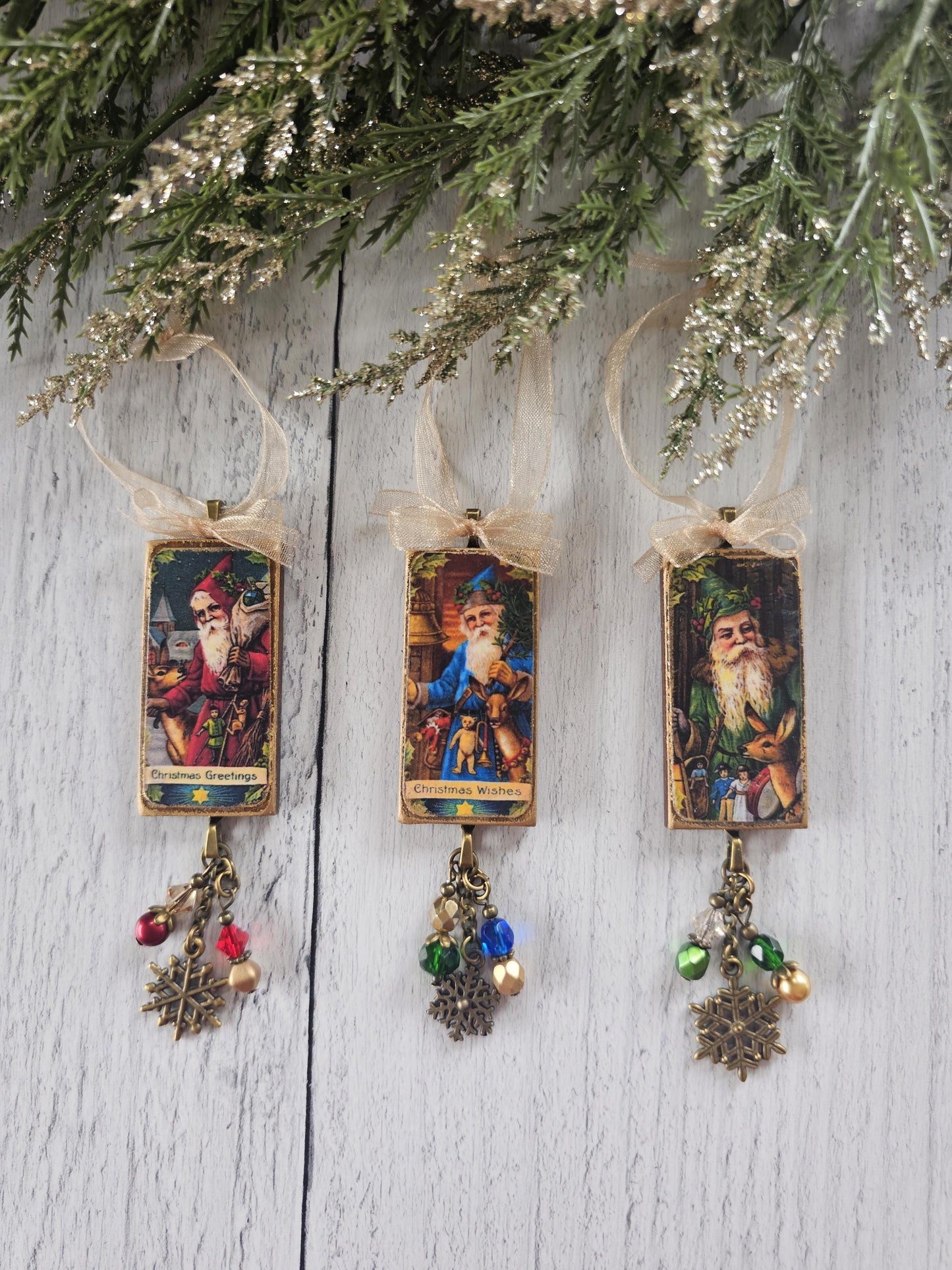 Set of Three Handmade Christmas Ornaments Featuring Woodland Vintage Santa, Buy One or All Three