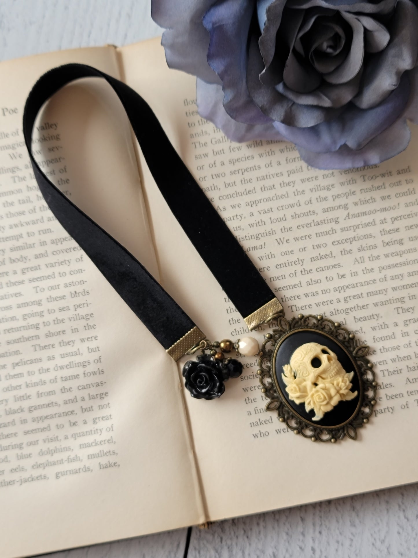 Gothic Skull Cameo Bookmark with Velvet Ribbon