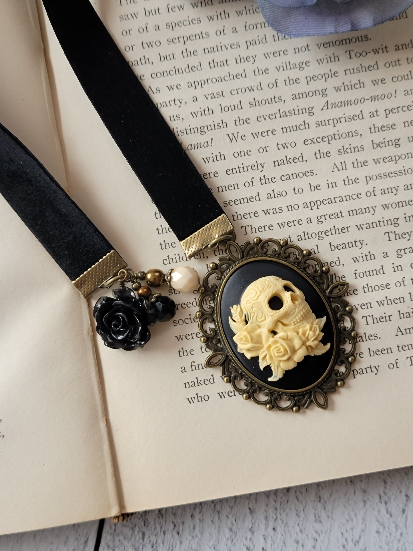 Gothic Skull Cameo Bookmark with Velvet Ribbon
